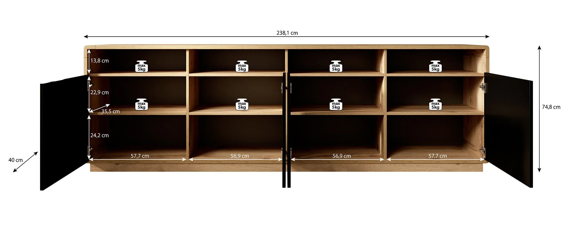 Acuna - Dressoir - Zwart/eiken - 238x40x75 cm - Image 5
