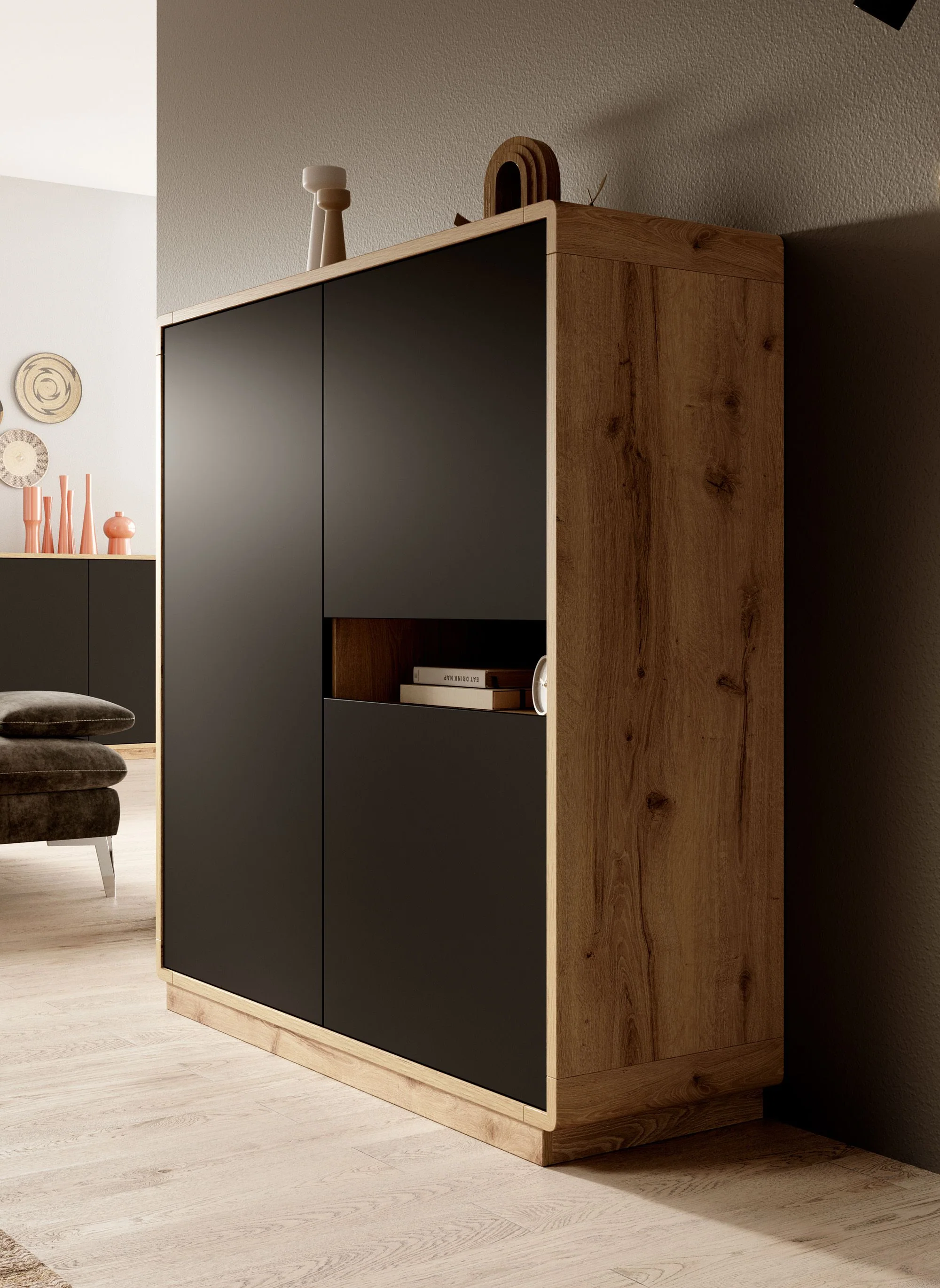 Acuna - Opbergkast met 3 deuren - Zwart/eiken - 121x40x126 cm - Image 4