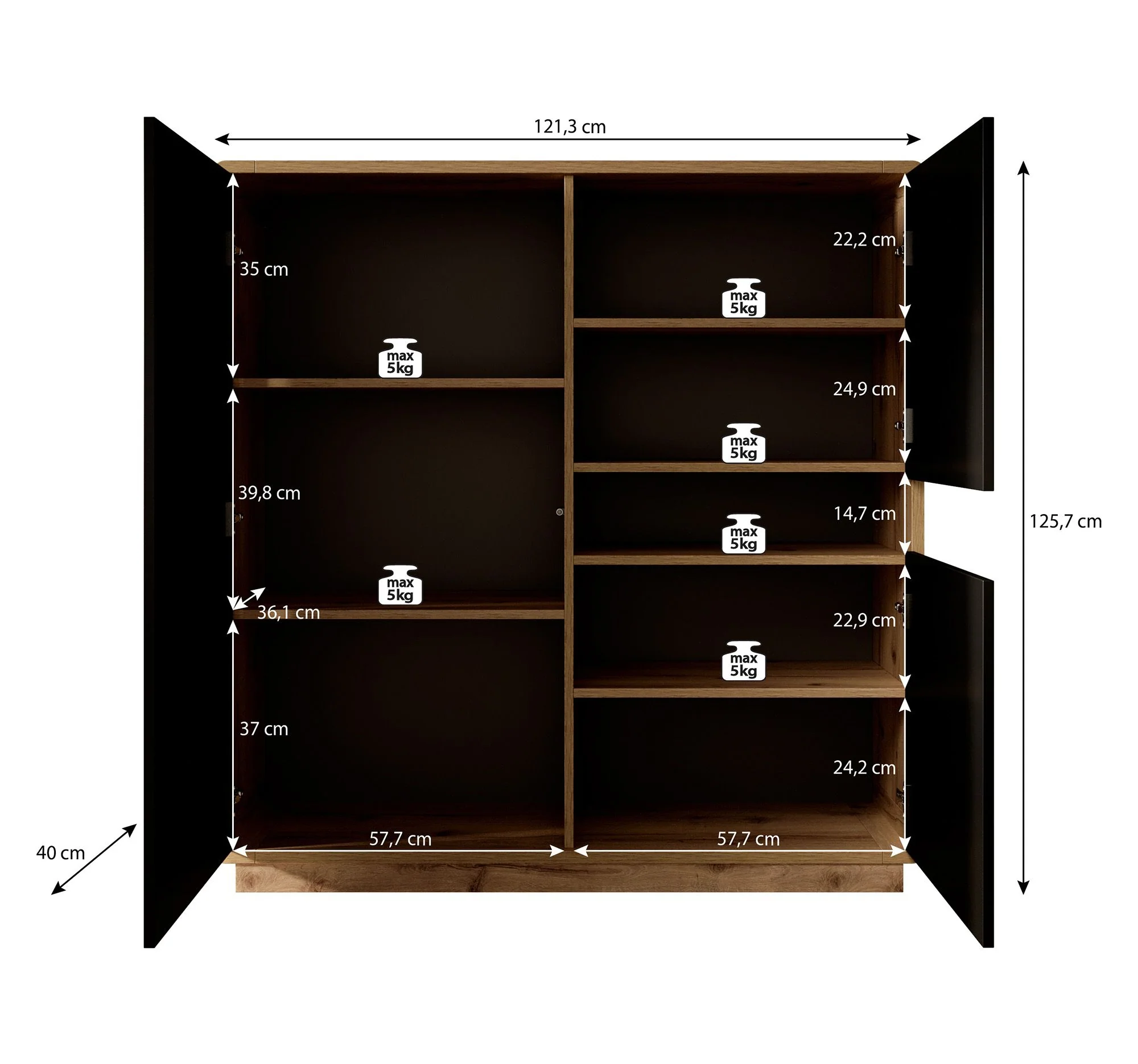 Acuna - Opbergkast met 3 deuren - Zwart/eiken - 121x40x126 cm - Image 5