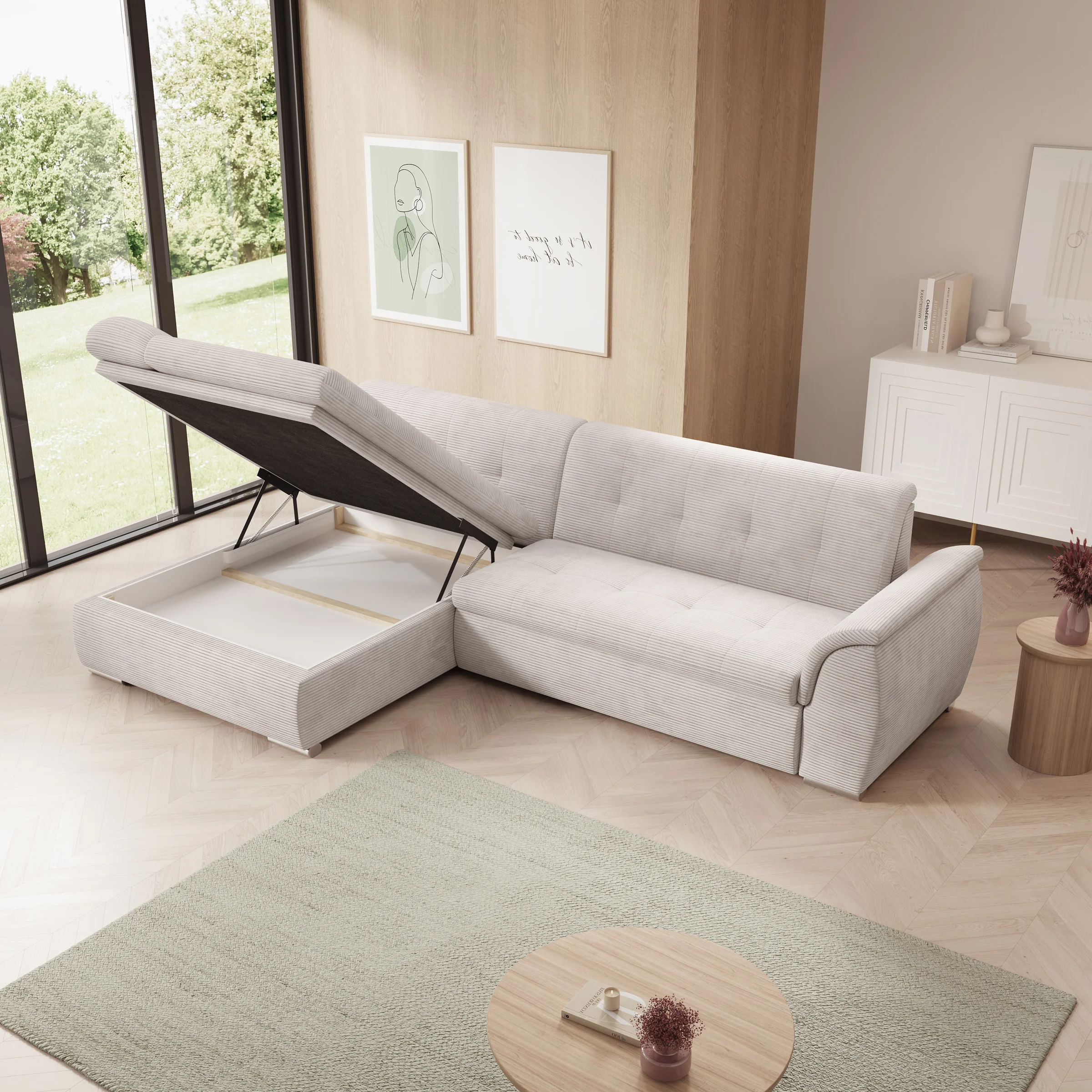 Alberta - Hoekbank 3-zits met slaapfunctie - Ribstof beige - Links - 286x170x80 cm - Image 3