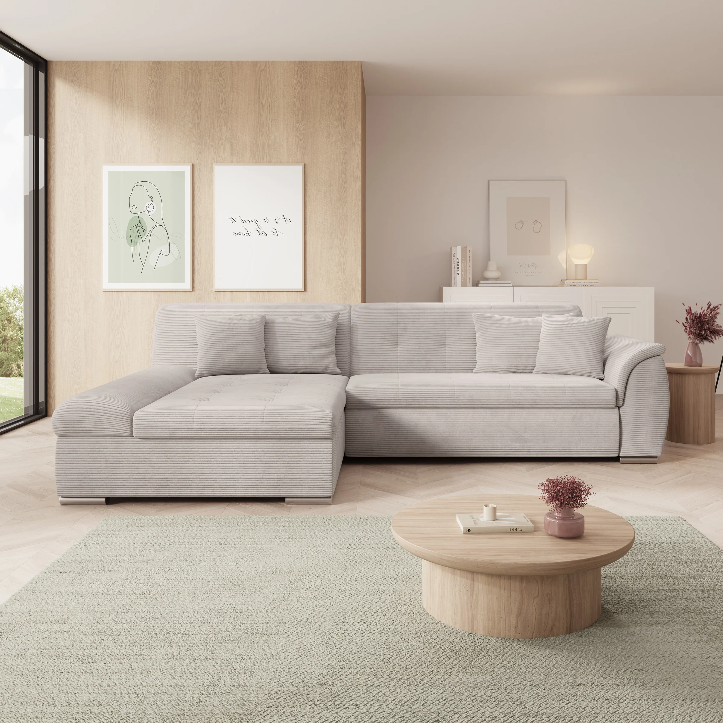 Alberta - Hoekbank 3-zits met slaapfunctie - Ribstof beige - Links - 286x170x80 cm - Image 4