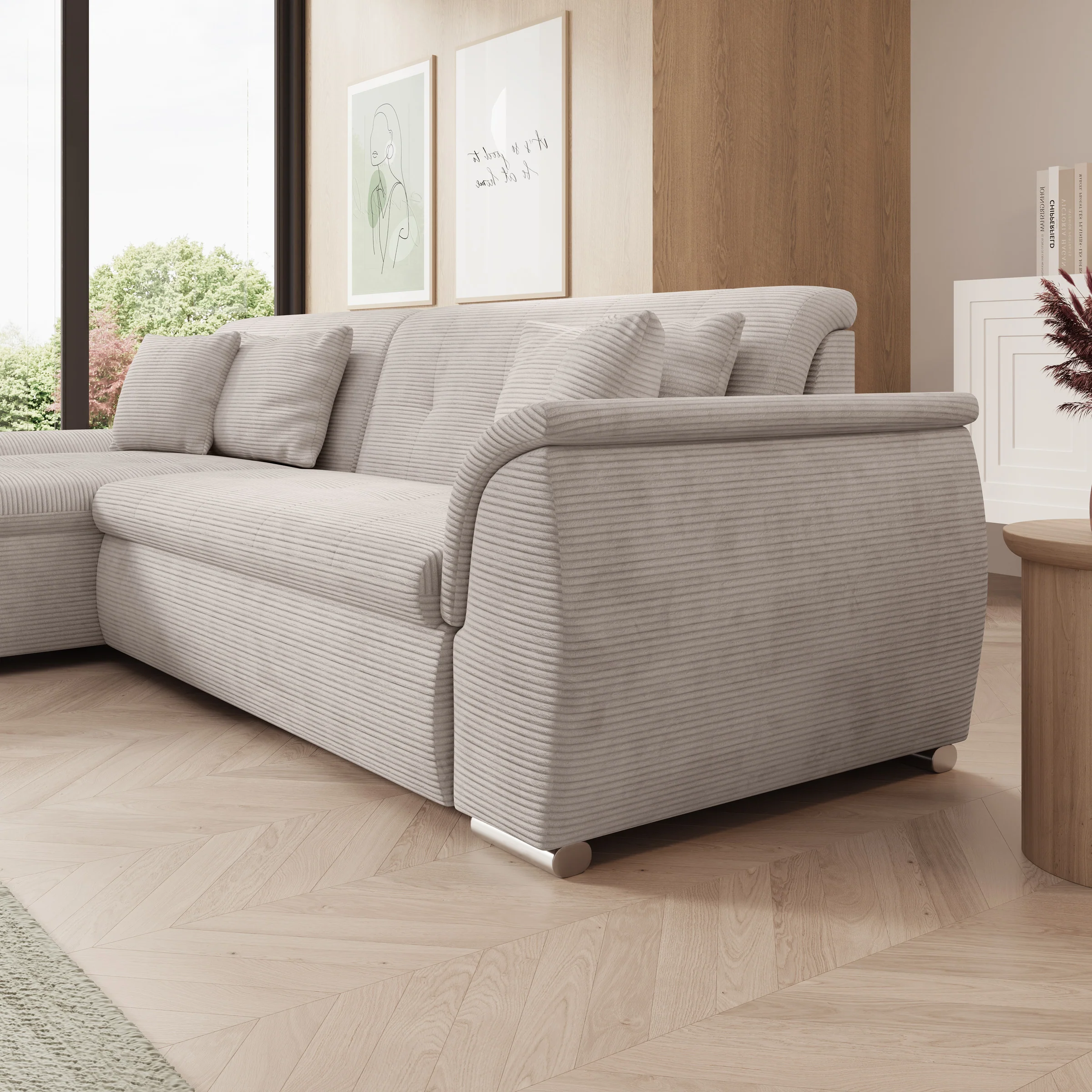 Alberta - Hoekbank 3-zits met slaapfunctie - Ribstof beige - Links - 286x170x80 cm - Image 5