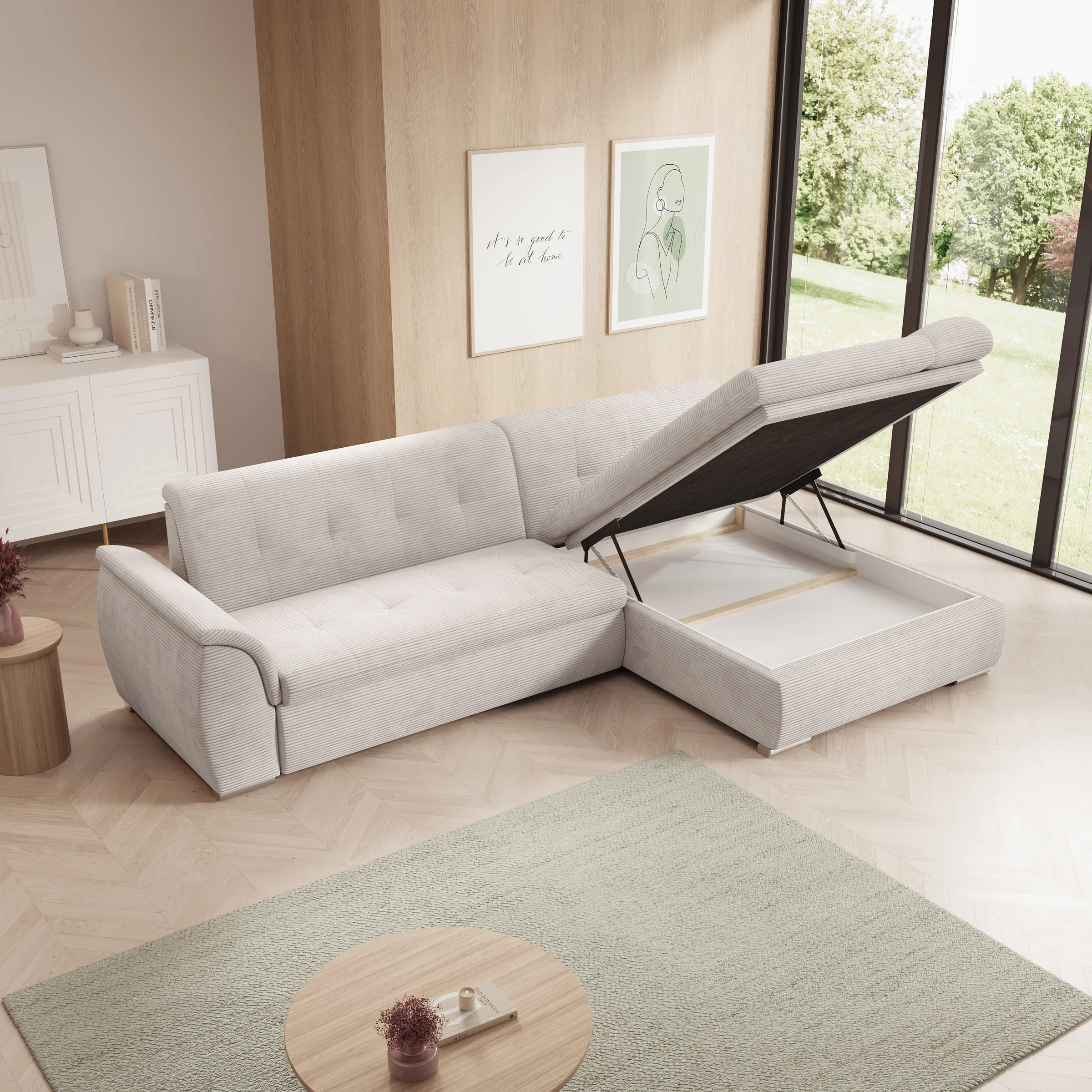 Alberta - Hoekbank 3-zits met slaapfunctie - Ribstof beige - Rechts - 286x170x80 cm - Image 3