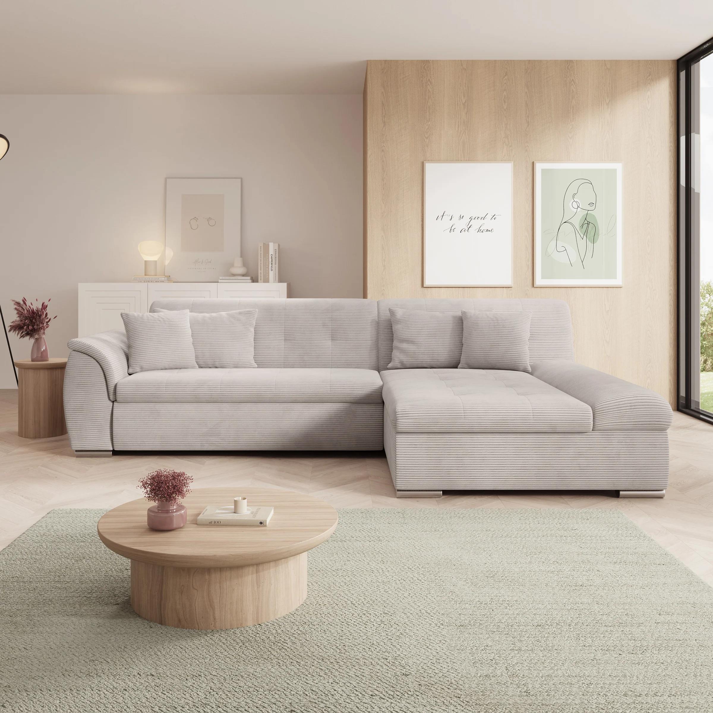 Alberta - Hoekbank 3-zits met slaapfunctie - Ribstof beige - Rechts - 286x170x80 cm - Image 4