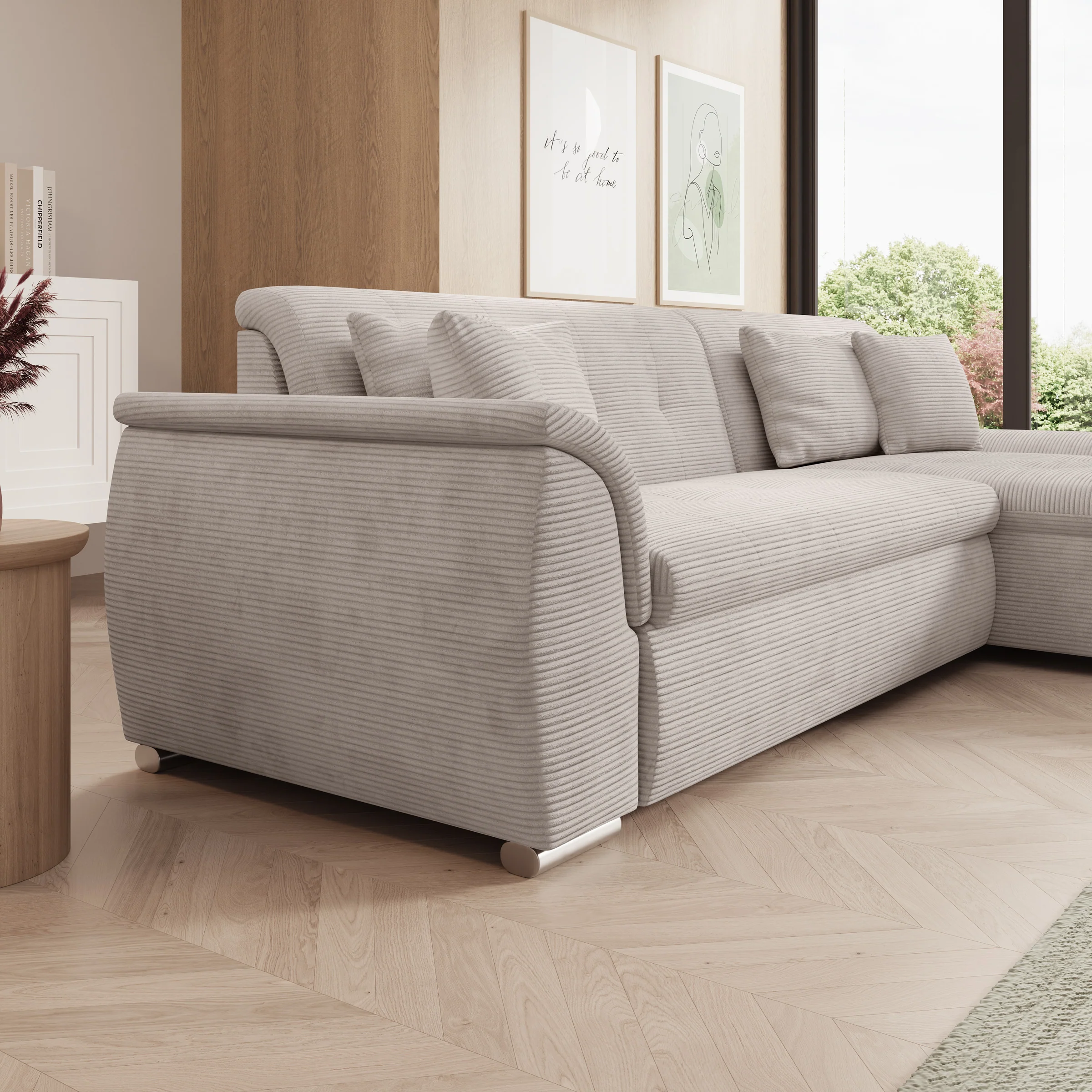 Alberta - Hoekbank 3-zits met slaapfunctie - Ribstof beige - Rechts - 286x170x80 cm - Image 5