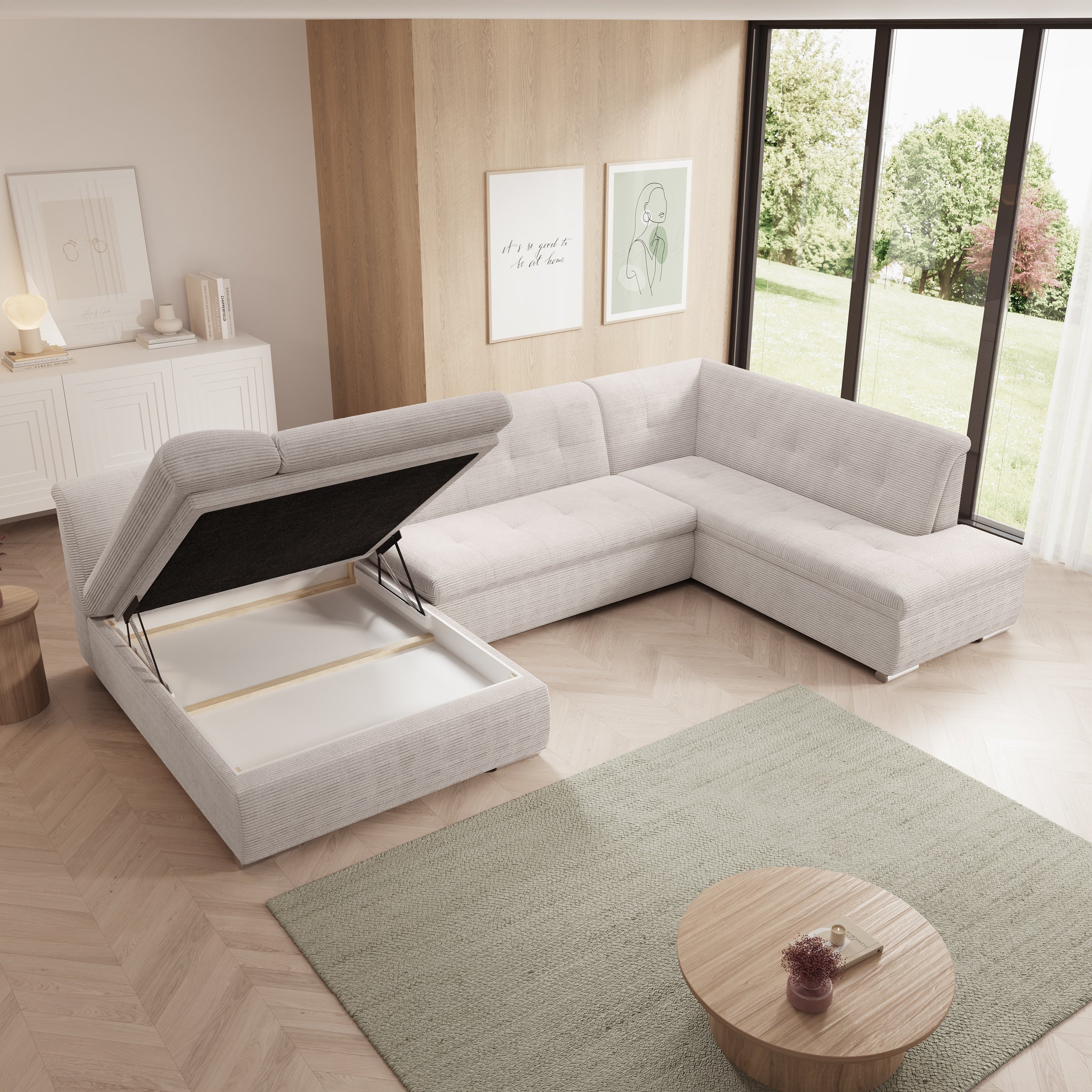 Alberta XL - Hoekbank 5-zits met slaapfunctie - Ribstof beige - Links - 346x207x80 cm - Image 3