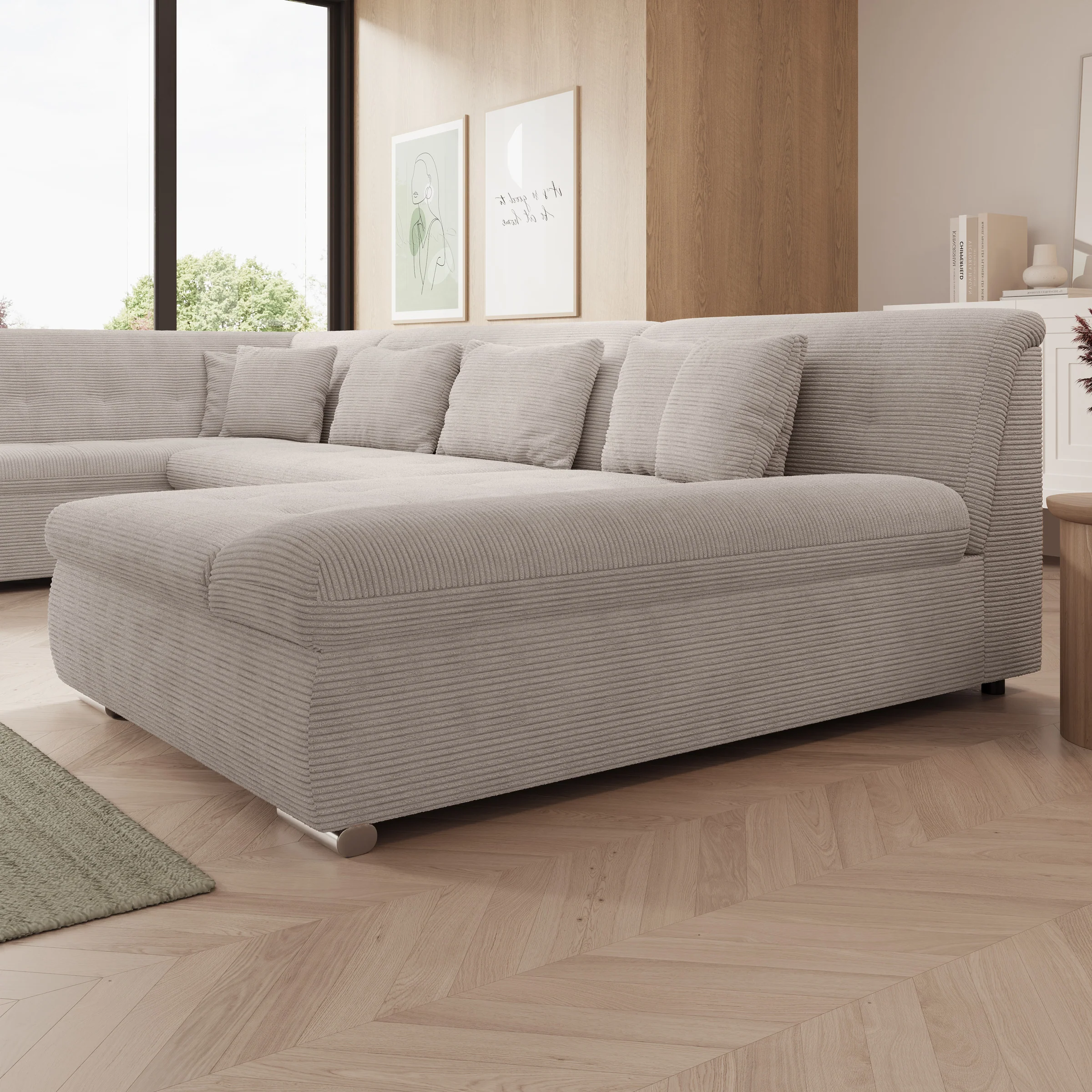 Alberta XL - Hoekbank 5-zits met slaapfunctie - Ribstof beige - Rechts - 346x207x80 cm - Image 5
