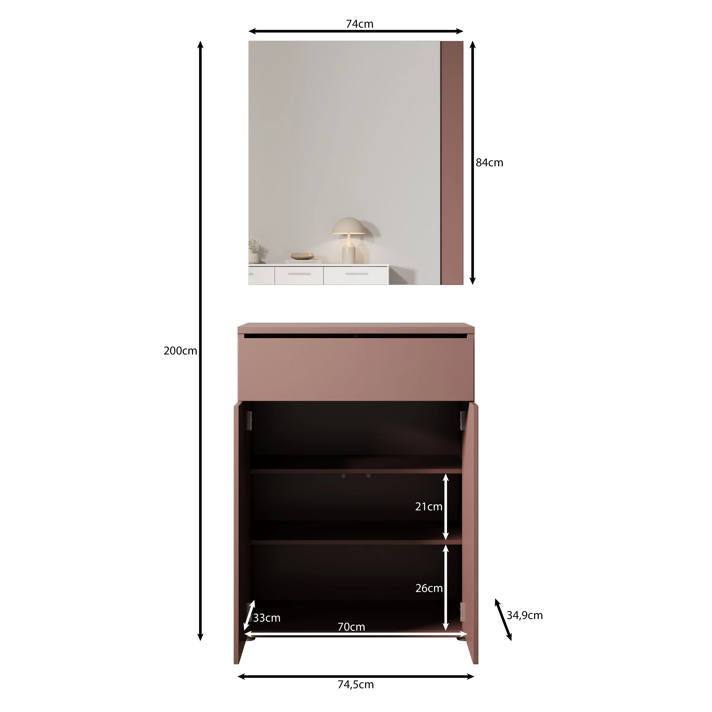 Amber - Schoenenkast met spiegel - Terracotta - 74x35x200 cm - Image 5