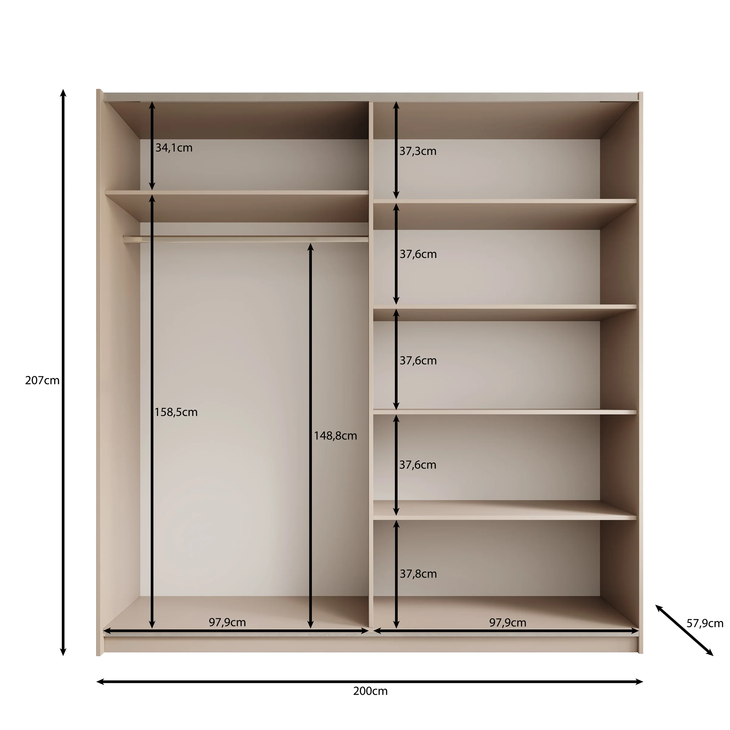 Andros - Kledingkast met schuifdeuren - Donker eiken - 200x58x207 cm - Image 5