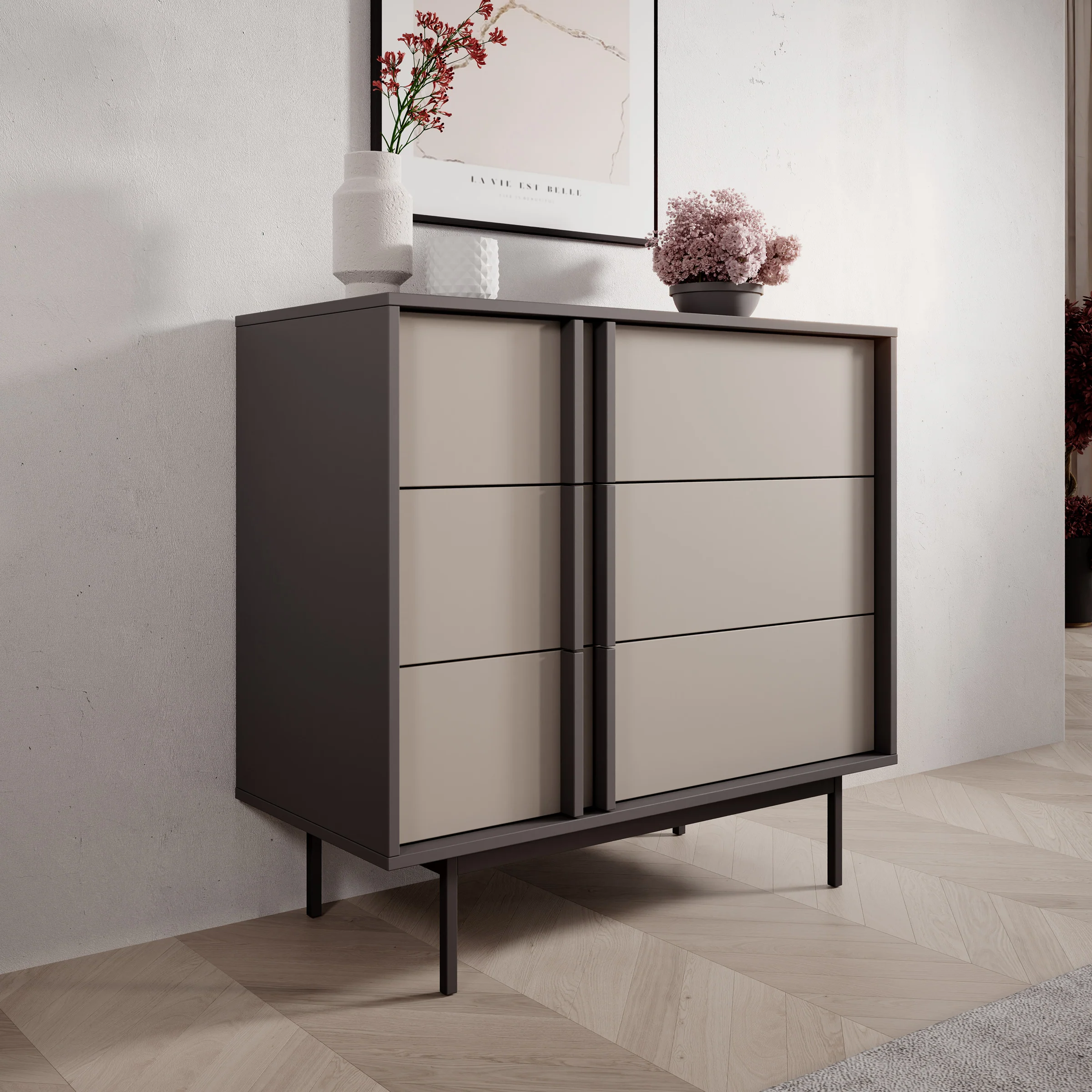 Antigo - Ladekast met 3 lades - Beige/Antraciet - 93x43x87 cm