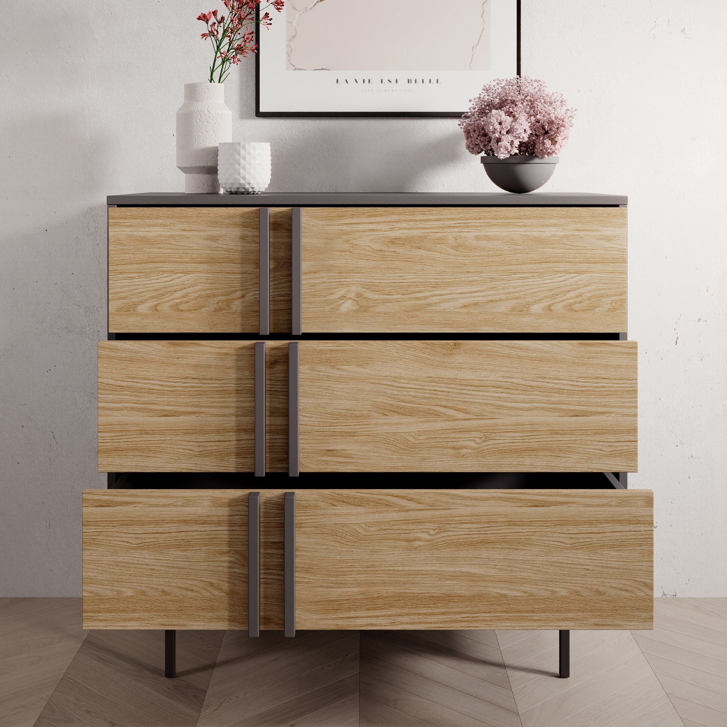 Antigo - Ladekast met 3 lades - Eiken/Antraciet - 93x43x87 cm - Image 2