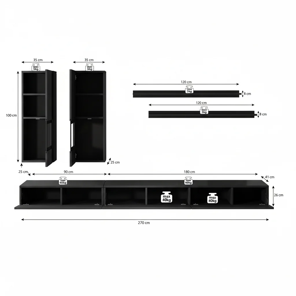 Antrix - Wandmeubel - Zwart - 270x41x26 cm - Image 5