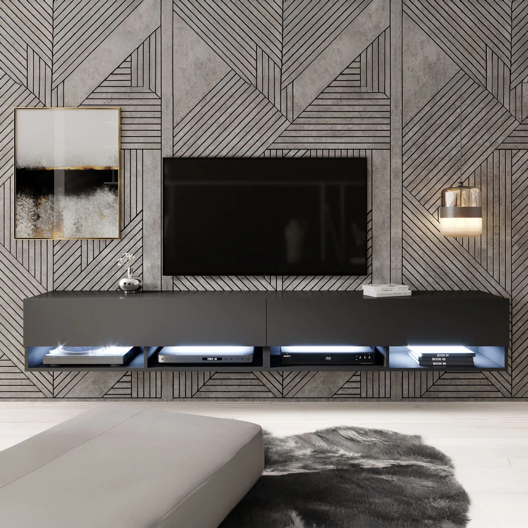 Asino - TV-Meubel met verlichting - Mat zwart - 200 cm - Image 3