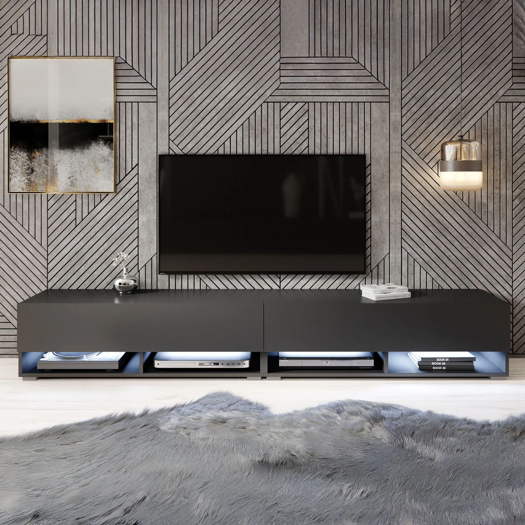 Asino - TV-Meubel met verlichting - Mat zwart - 200 cm - Image 4