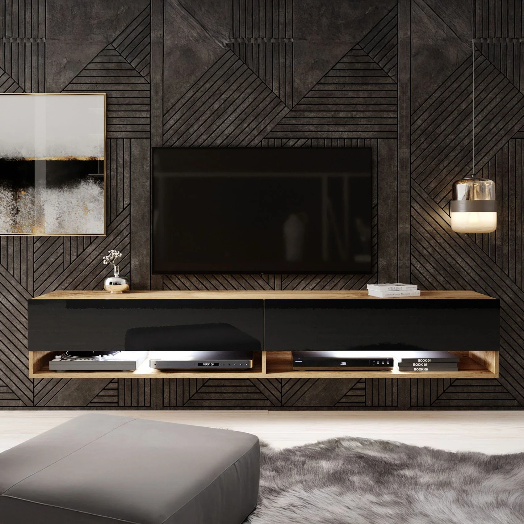 Asino - TV-Meubel met verlichting - Zwart/eiken - 180 cm - Image 3