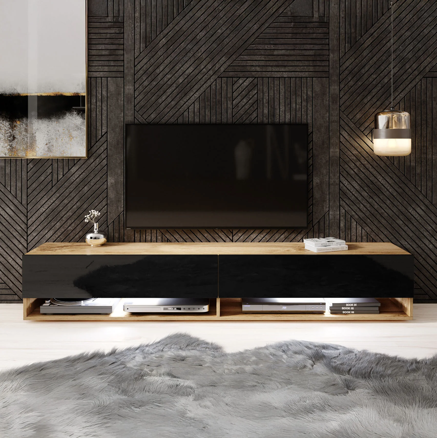 Asino - TV-Meubel met verlichting - Zwart/eiken - 180 cm - Image 4