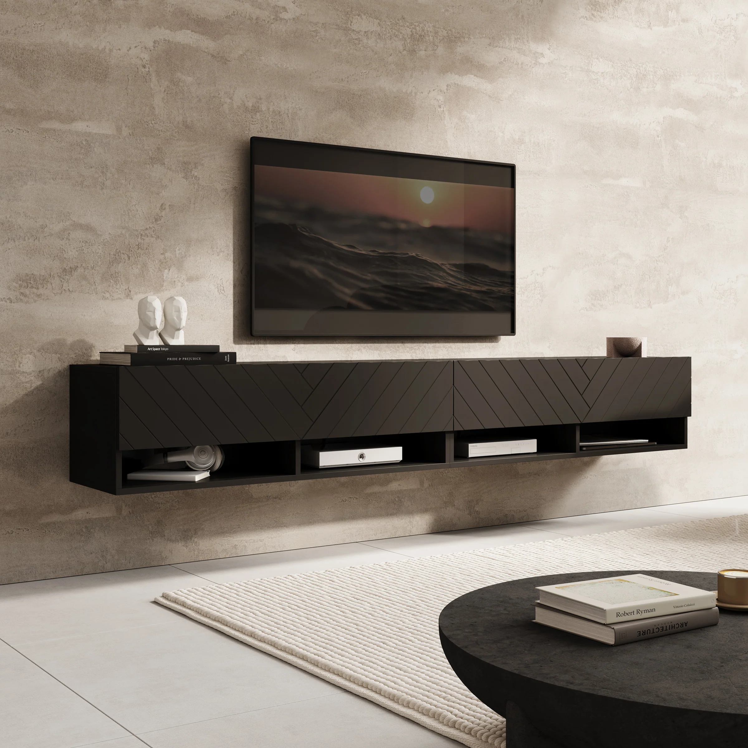 Asino - TV-Meubel  - Zwart visgraat - 200x31x30 cm