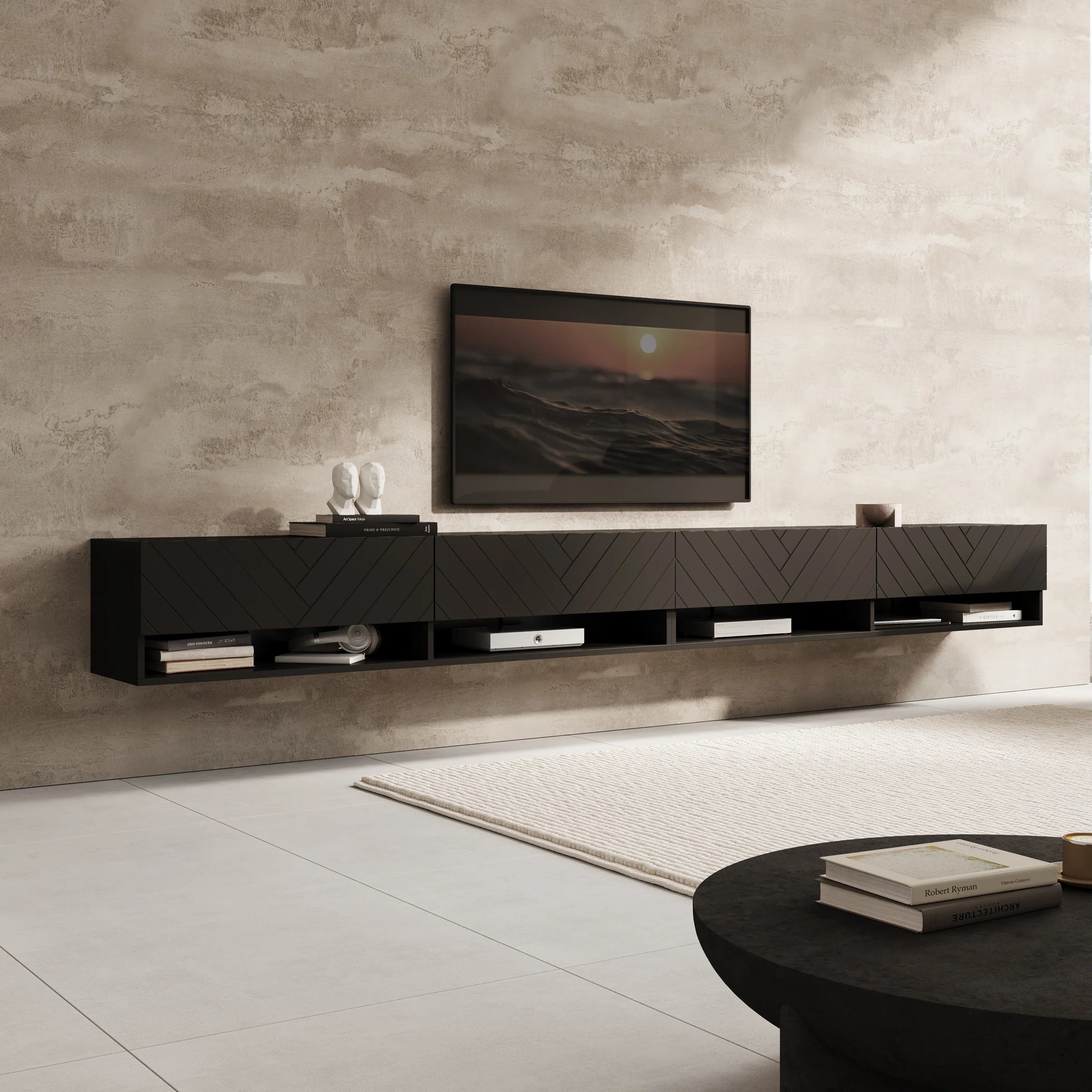 Asino - TV-Meubel  - Zwart Visgraat  - 280x31x30 cm