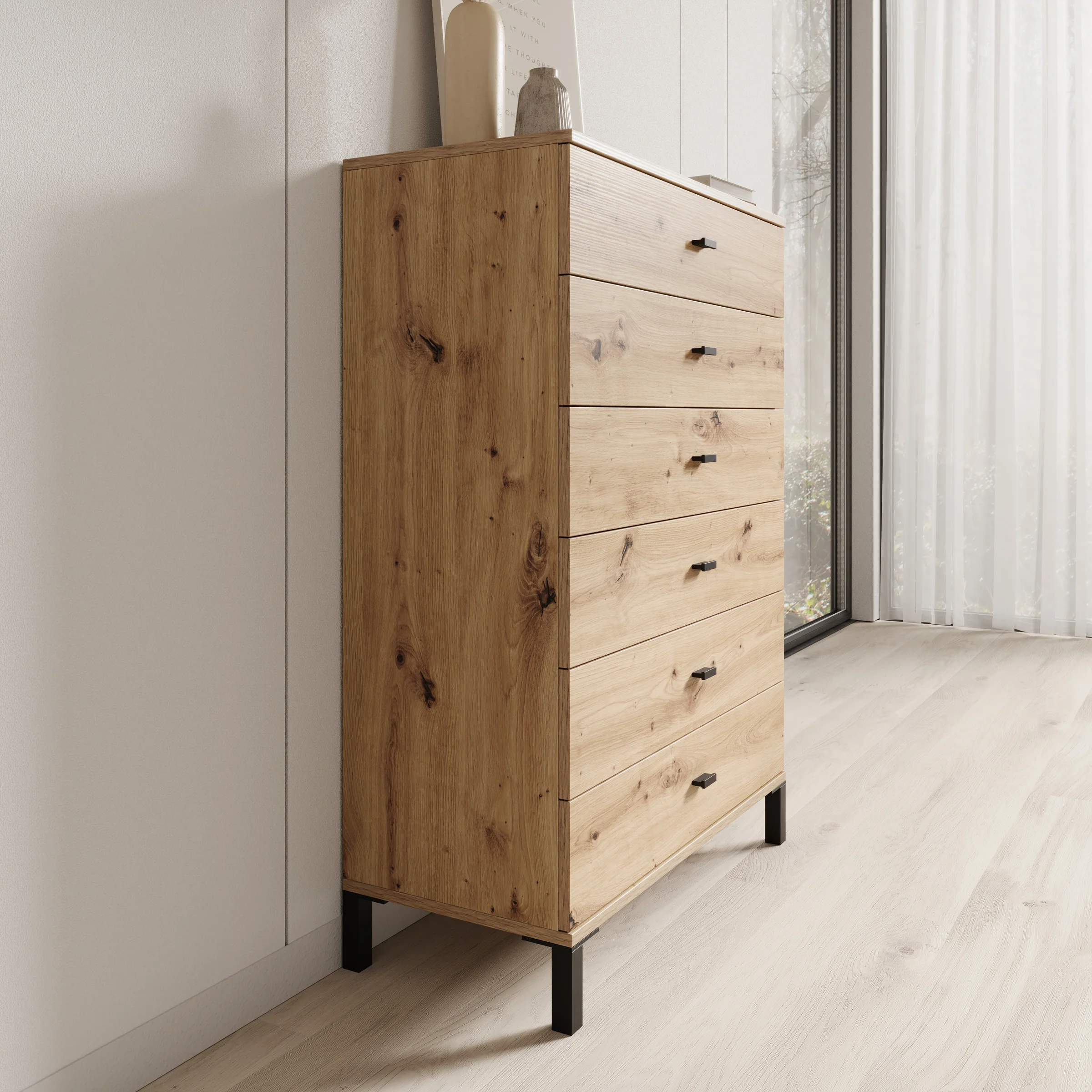 Avellio - Ladekast met 6 lades - Eikenpatroon - 77x35x110 cm - Image 4