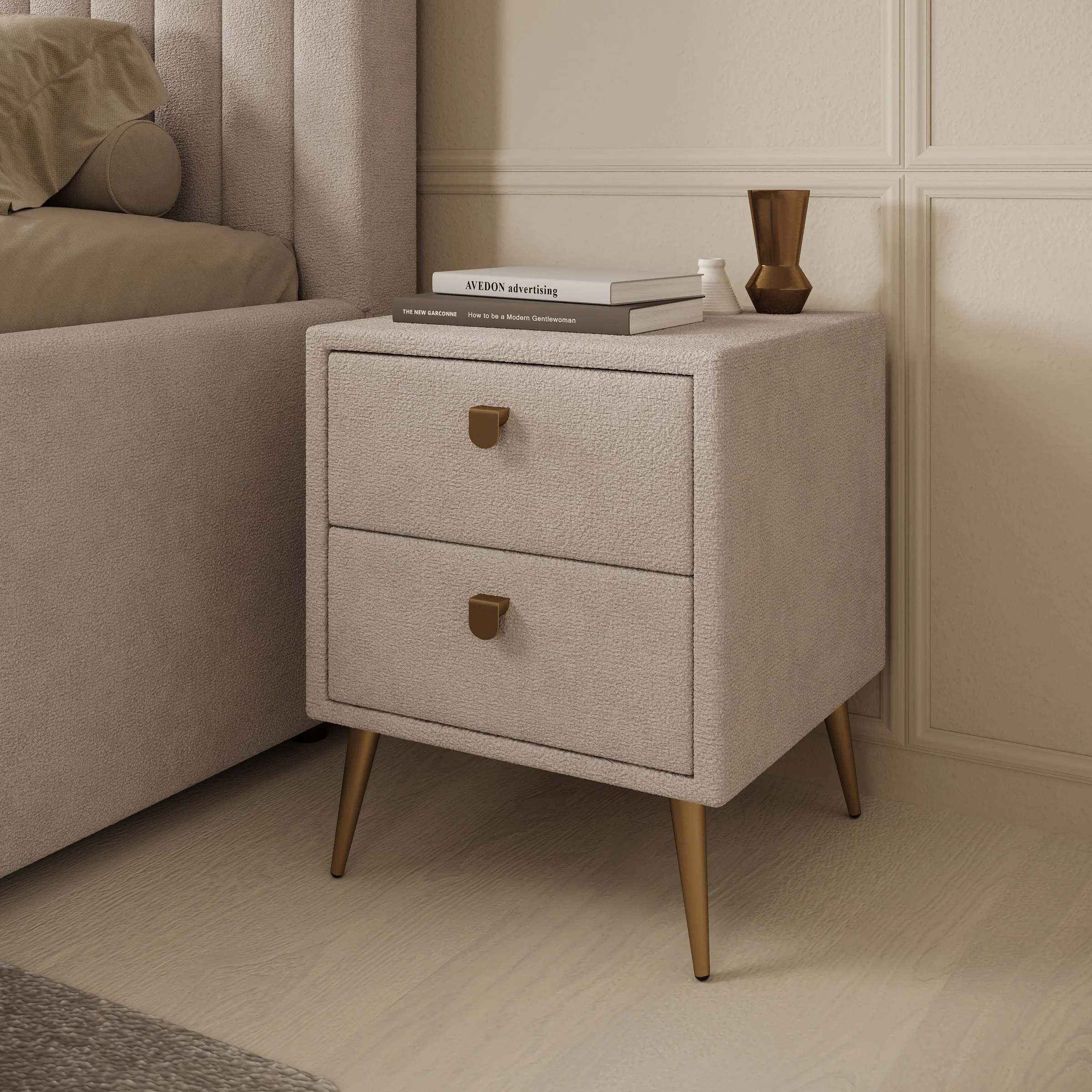 Bavira - Nachtkastje met lades - Stof beige - 41x41x54 cm