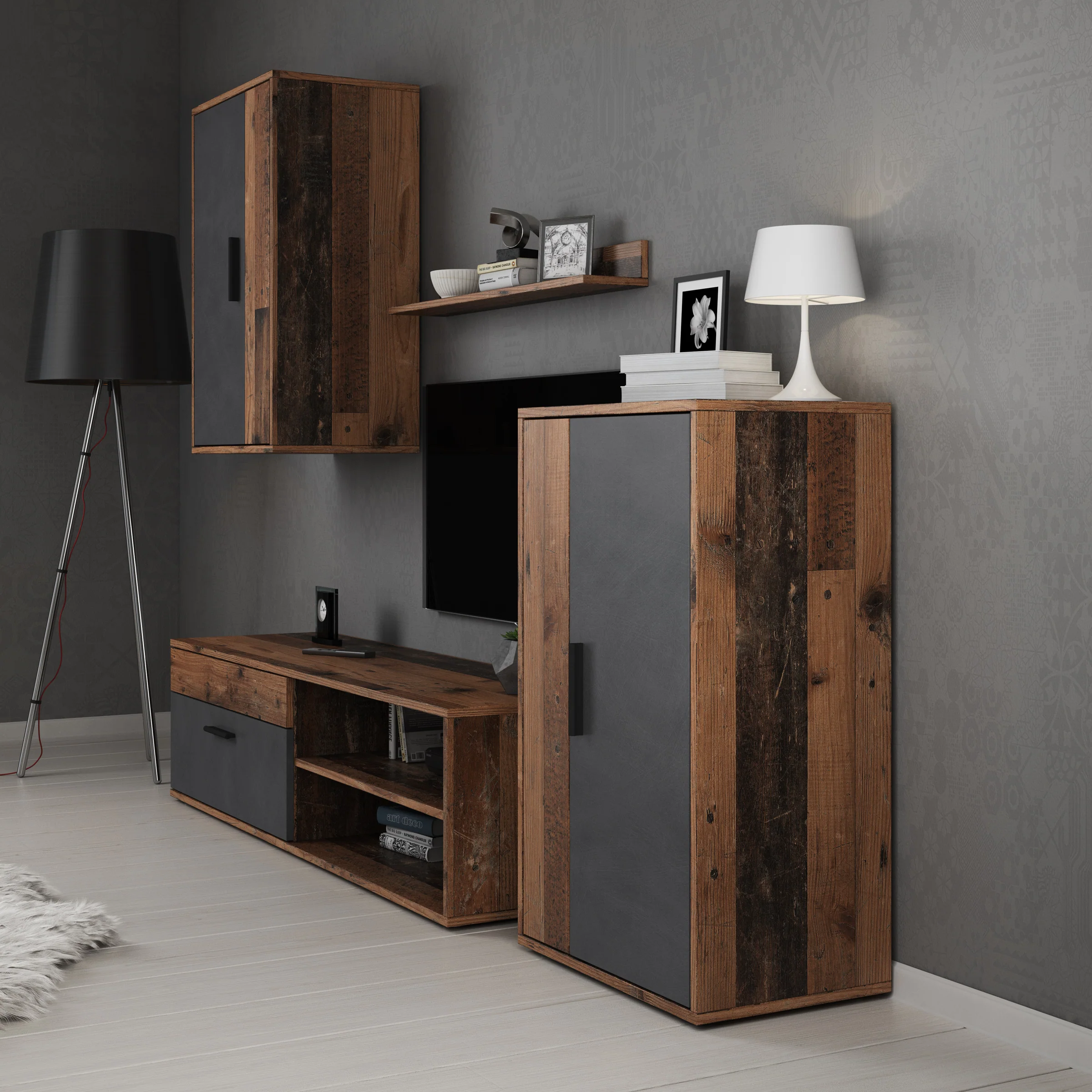 Bellini - Wandmeubel - Grijs/donker old wood - 140x35x39 cm - Image 4