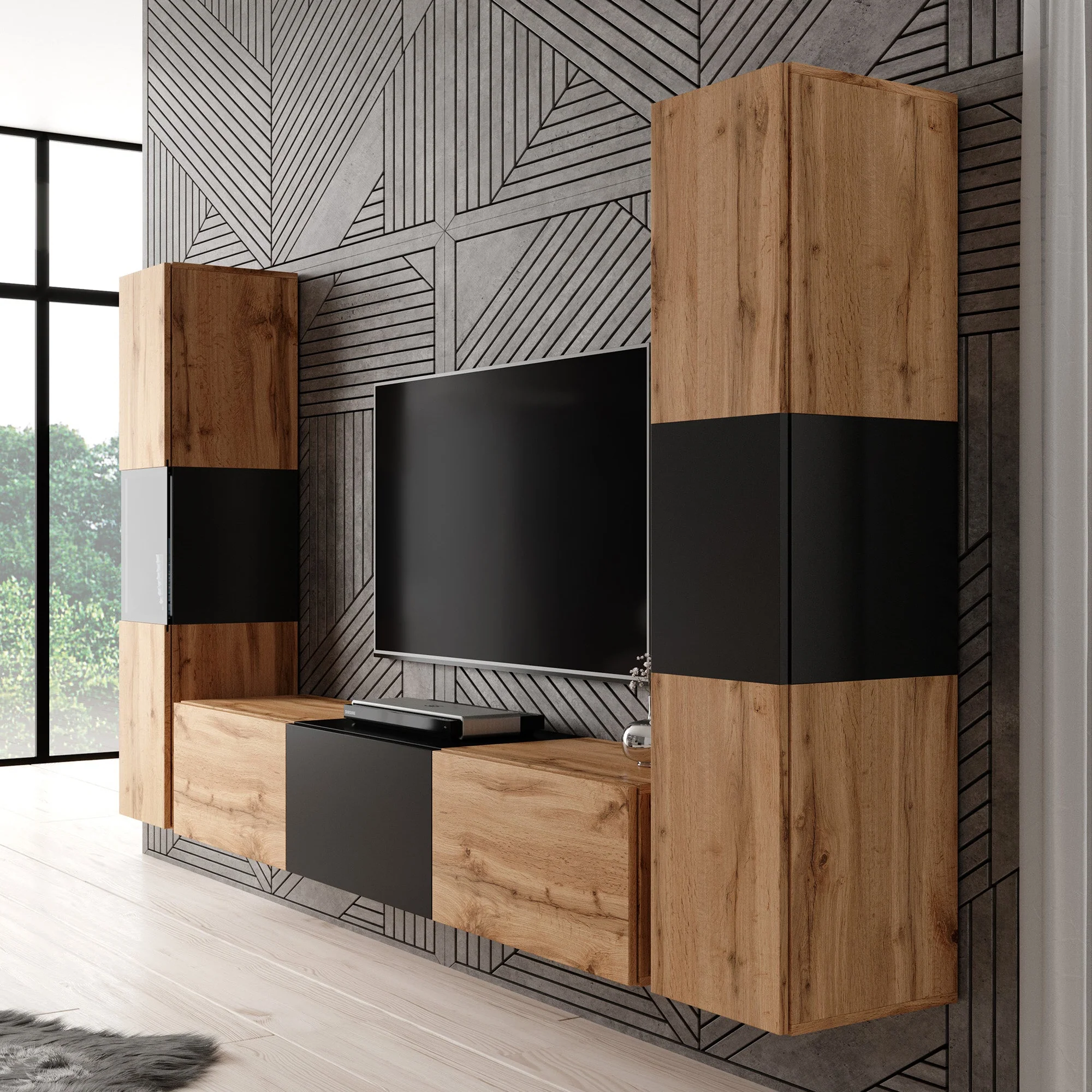 Bonzo 3 - Wandmeubel - Eiken/zwart - 180x33x30 cm - Image 4