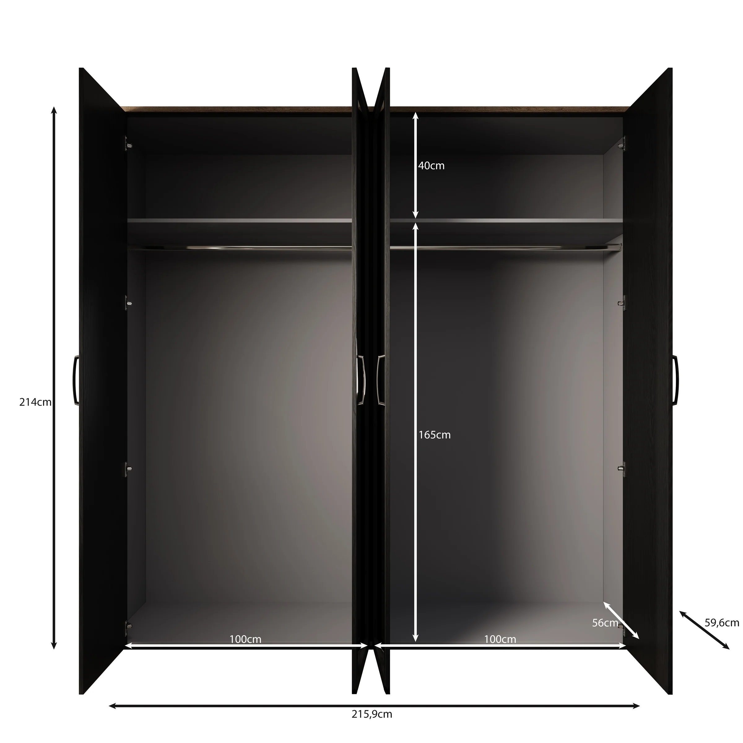 Borello - Kledingkast met 4 deuren - Zwart - 216x60x214 cm - Image 5