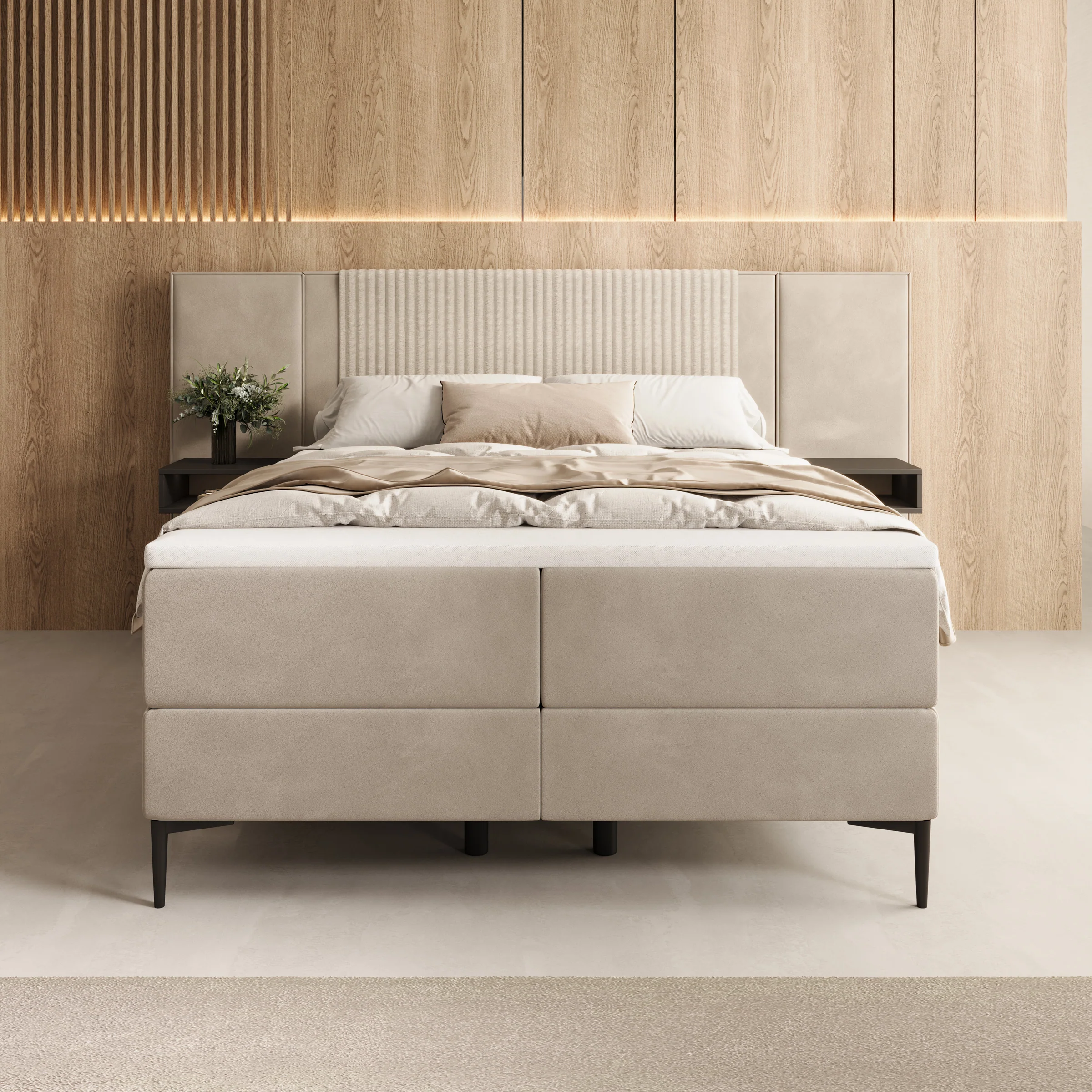 Boyd - Boxspring met nachtkastjes en LED - Velvet beige - 140x200 cm - Image 3