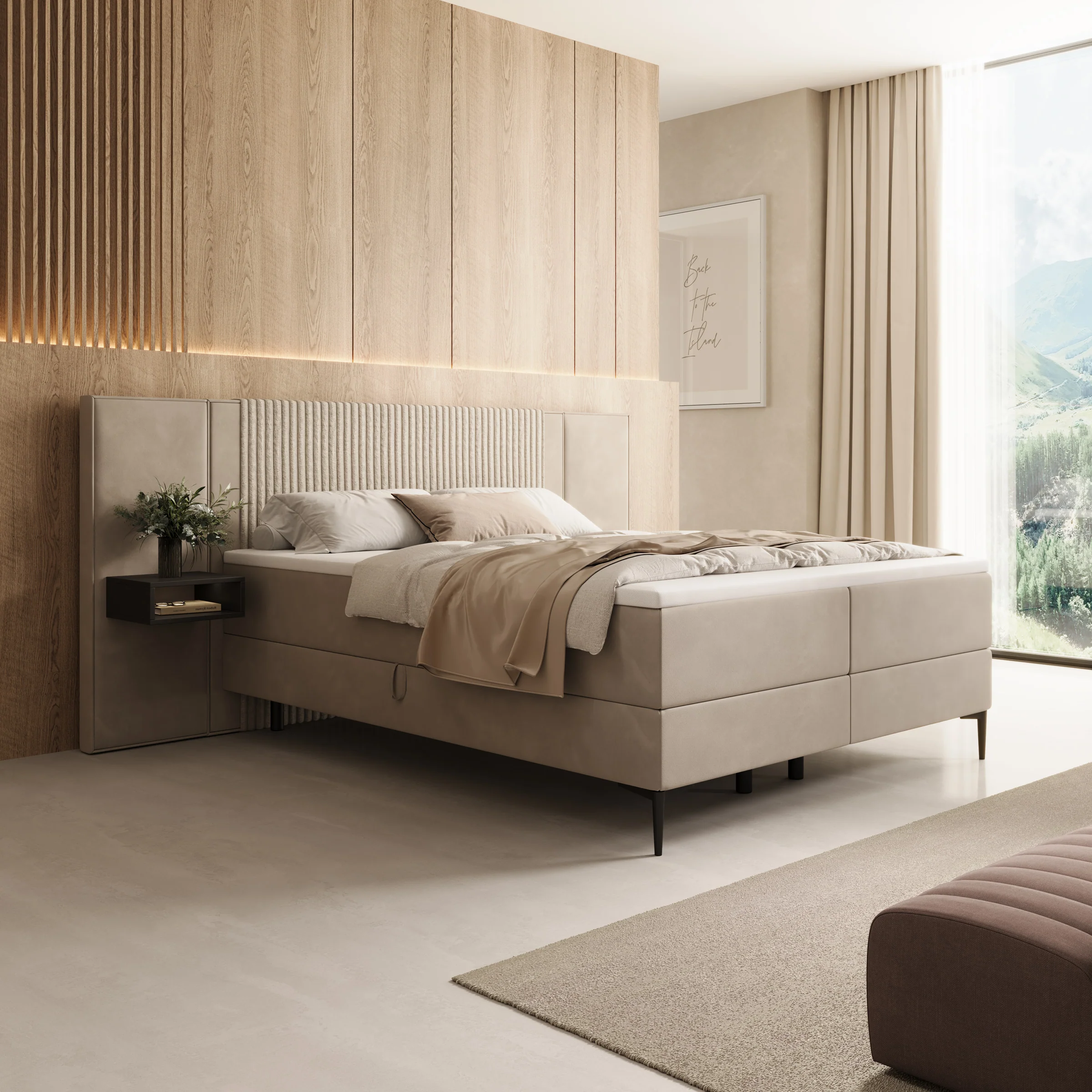 Boyd - Boxspring met nachtkastjes en LED - Velvet beige - 160x200 cm