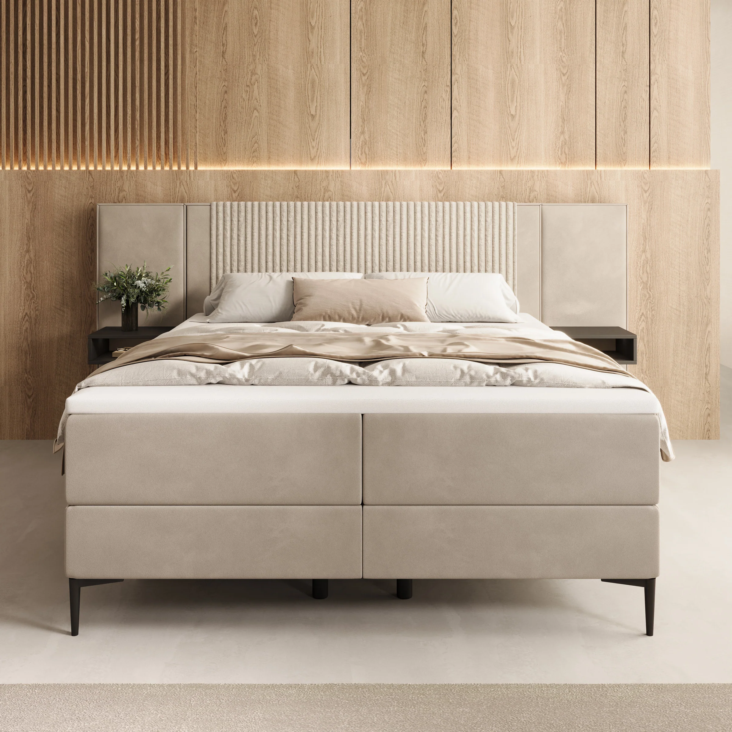 Boyd - Boxspring met nachtkastjes en LED - Velvet beige - 160x200 cm - Image 3
