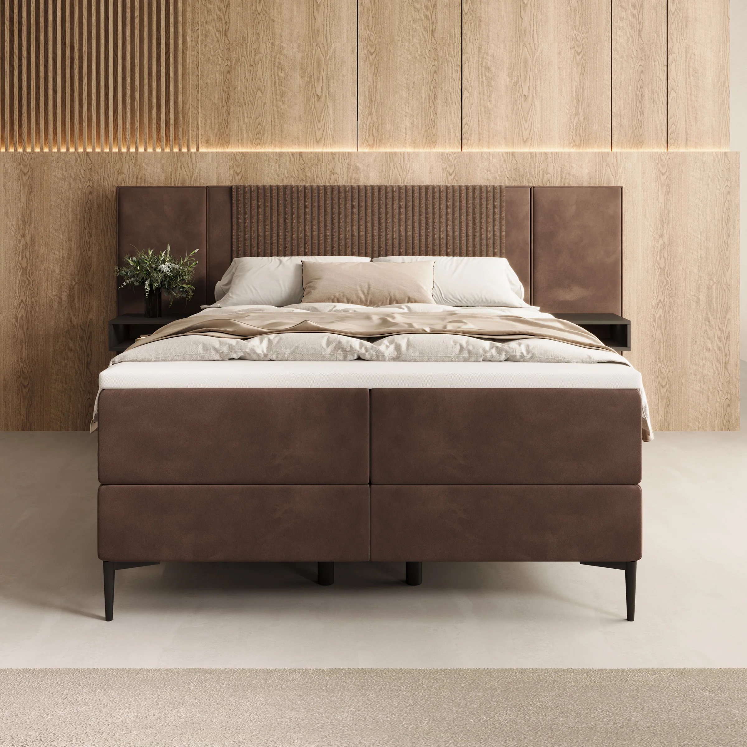 Boyd - Boxspring met nachtkastjes en LED - Velvet bruin - 140x200 cm - Image 3