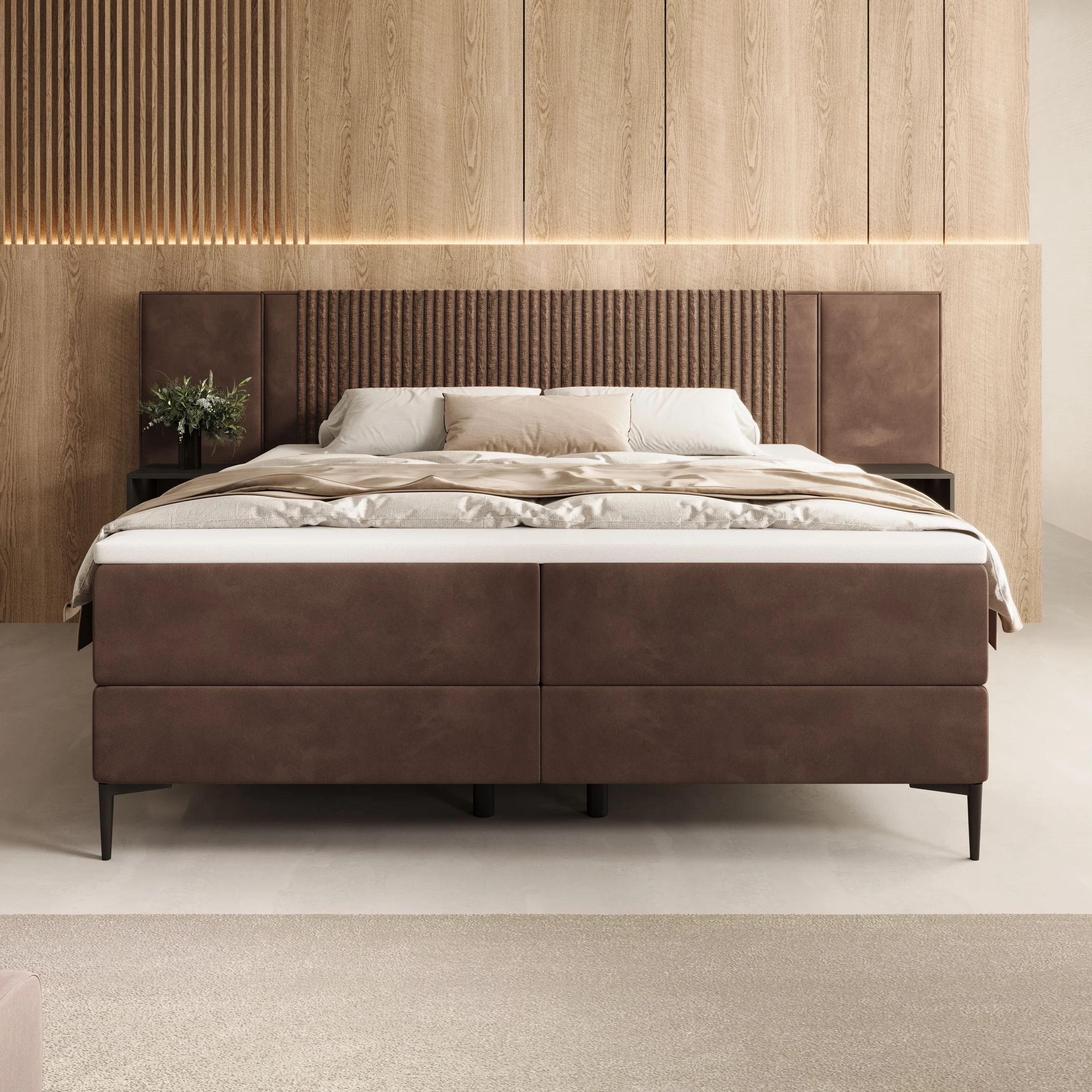 Boyd - Boxspring met nachtkastjes en LED - Velvet bruin - 180x200 cm - Image 3