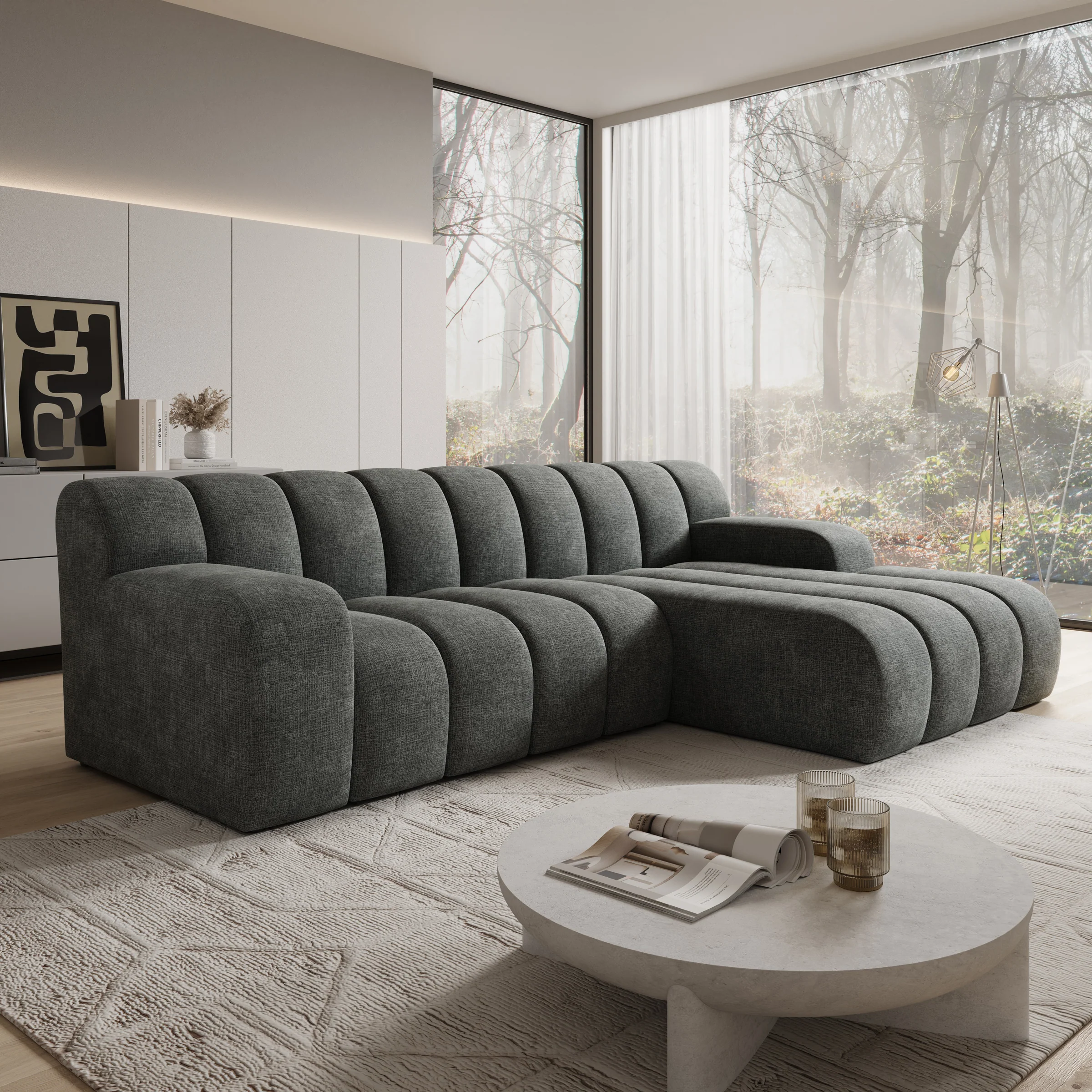 Brunello - Hoekbank 3-zits met chaise longue - Stof zwart - Rechts