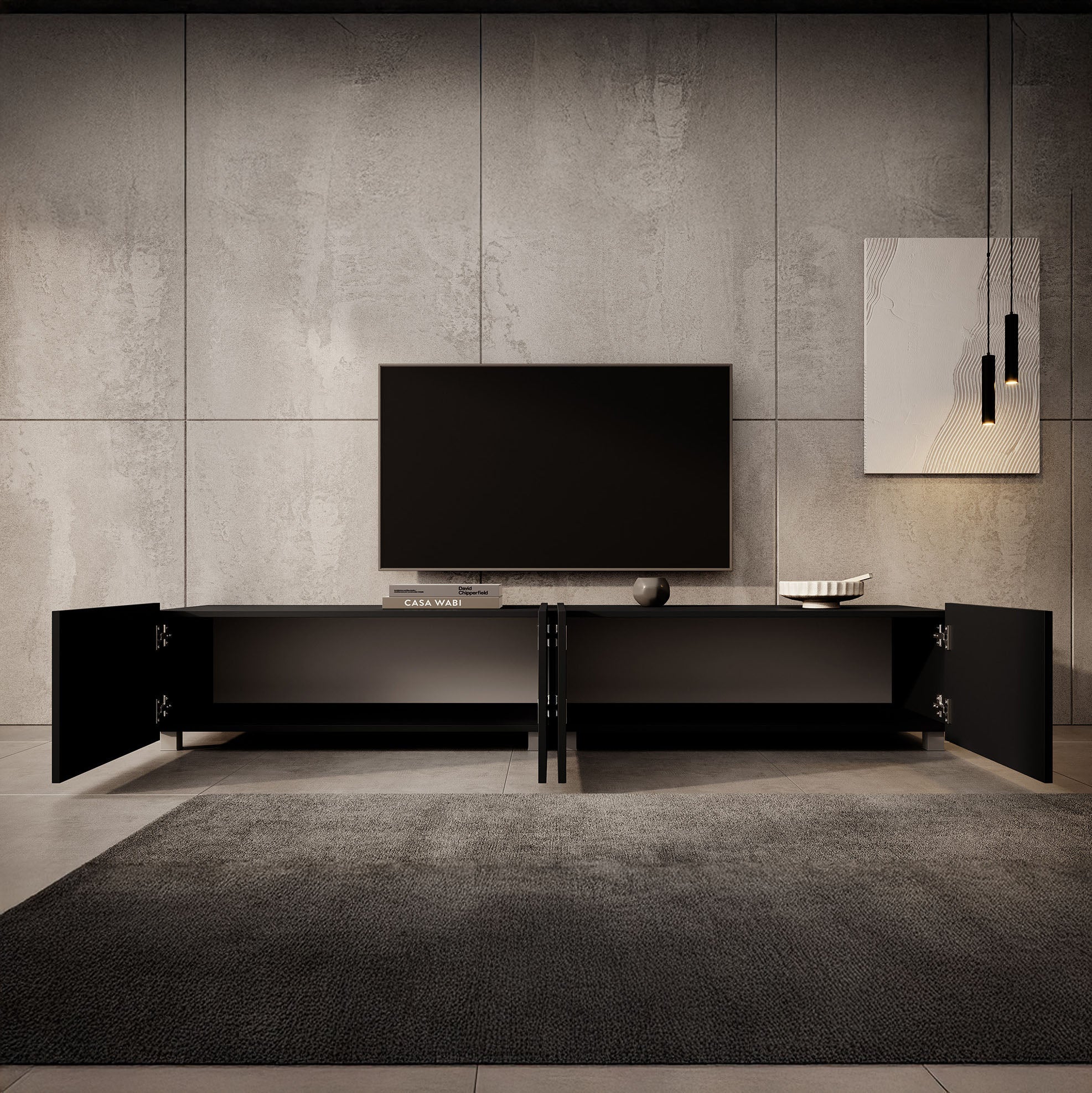 Calabas - TV-Meubel met 4 deuren - Mat zwart - 200x43x37 cm - Image 4
