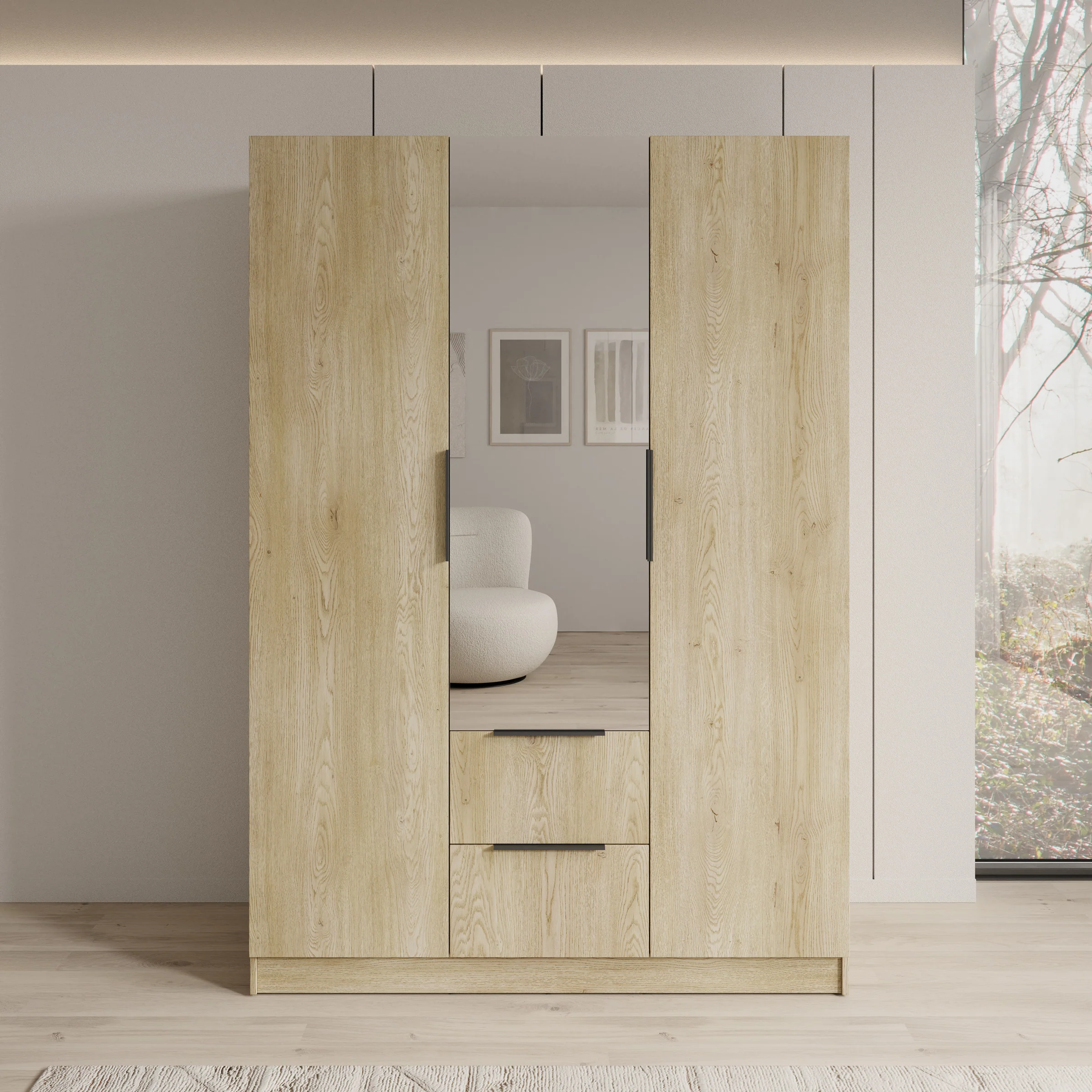 Caliero - Kledingkast 3-deurs met spiegel - Eikenpatroon - 150x60x216 cm - Image 3