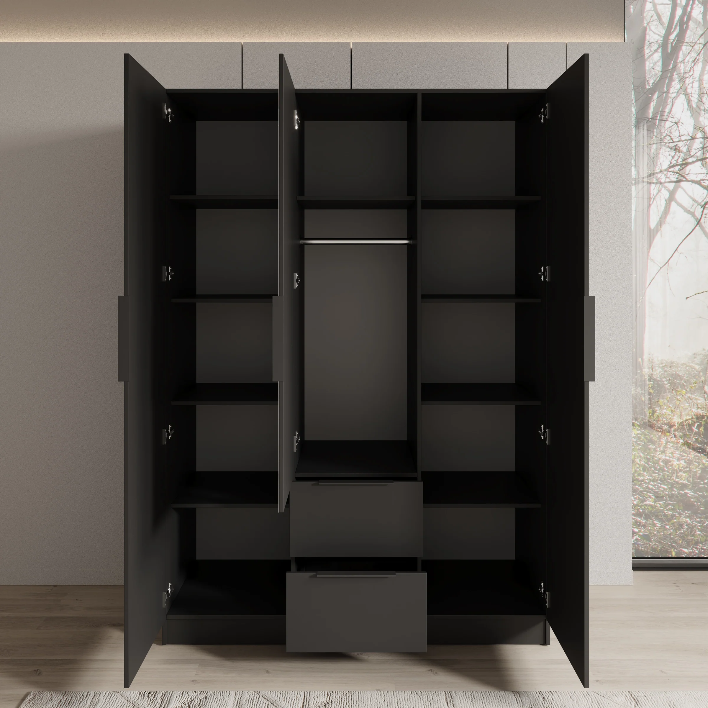 Caliero - Kledingkast 3-deurs met spiegel - Zwart - 150x60x216 cm - Image 2