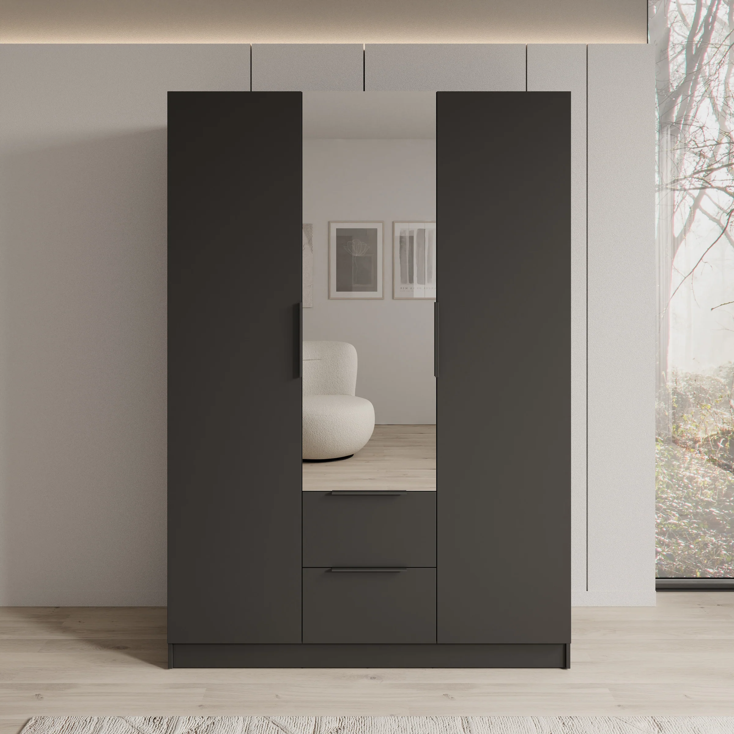 Caliero - Kledingkast 3-deurs met spiegel - Zwart - 150x60x216 cm - Image 3