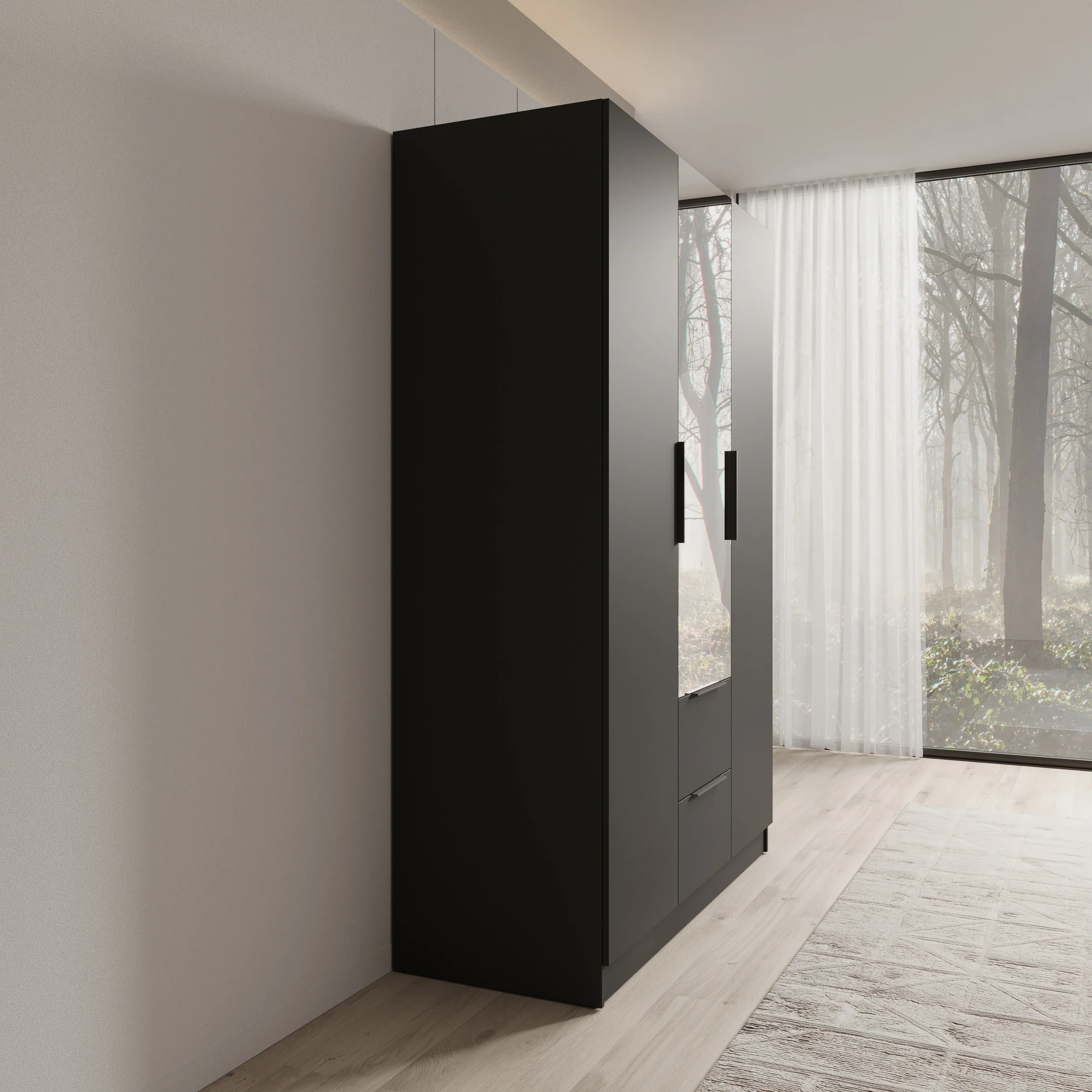 Caliero - Kledingkast 3-deurs met spiegel - Zwart - 150x60x216 cm - Image 4