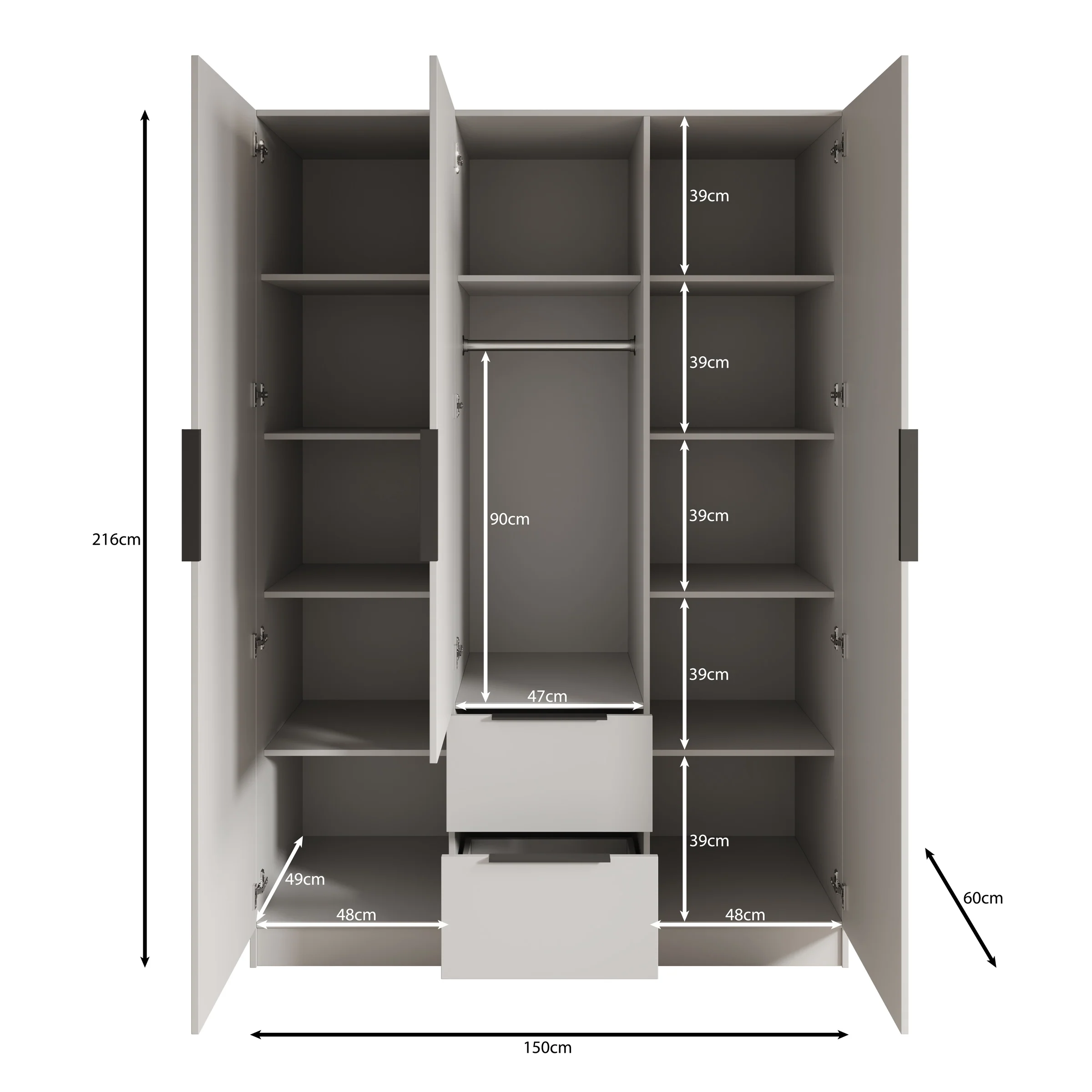 Caliero - Kledingkast 3-deurs - Zwart - 150x60x216 cm - Image 7