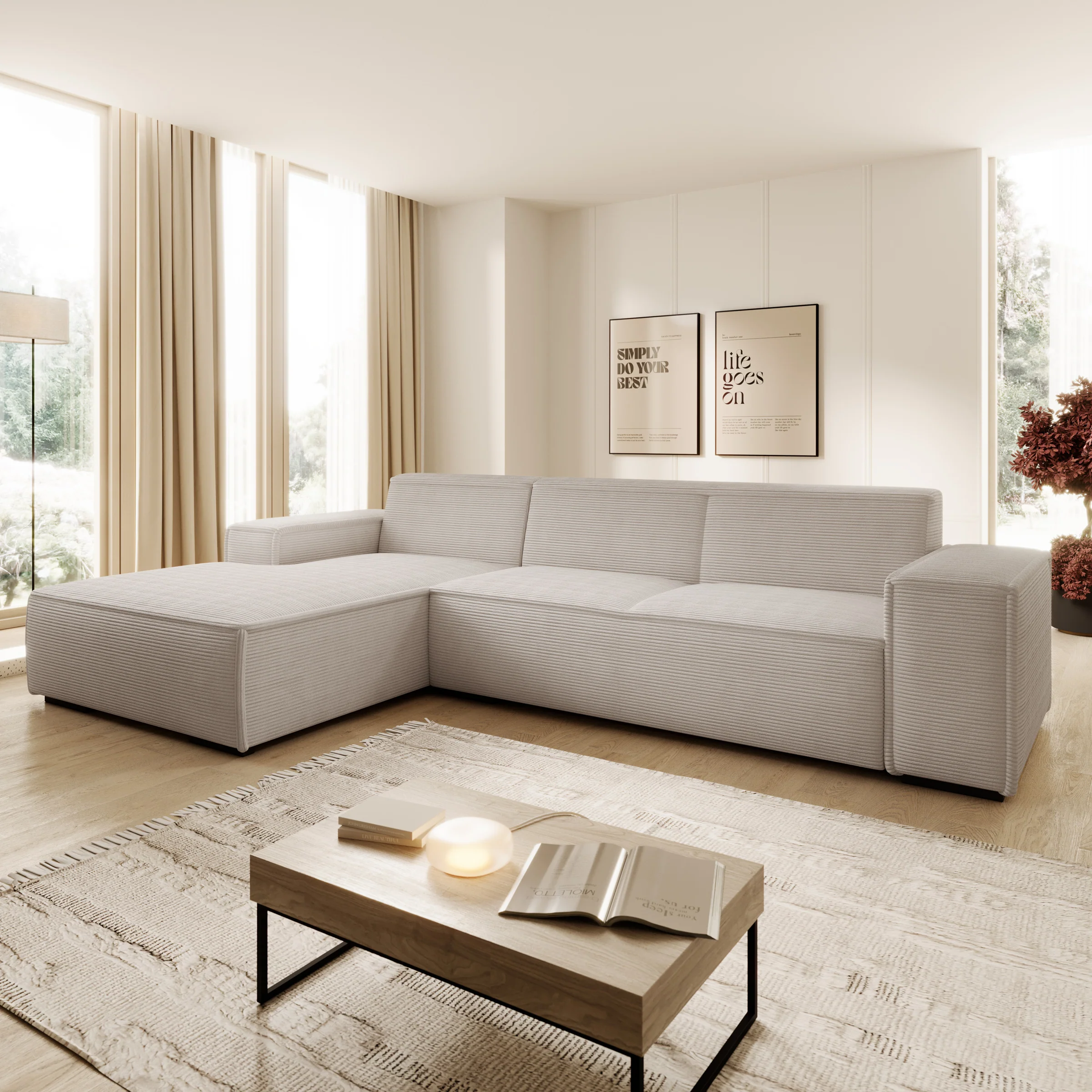 Cardiff - Hoekbank 3-zits met chaise longue - Ribstof beige - Links - Image 2
