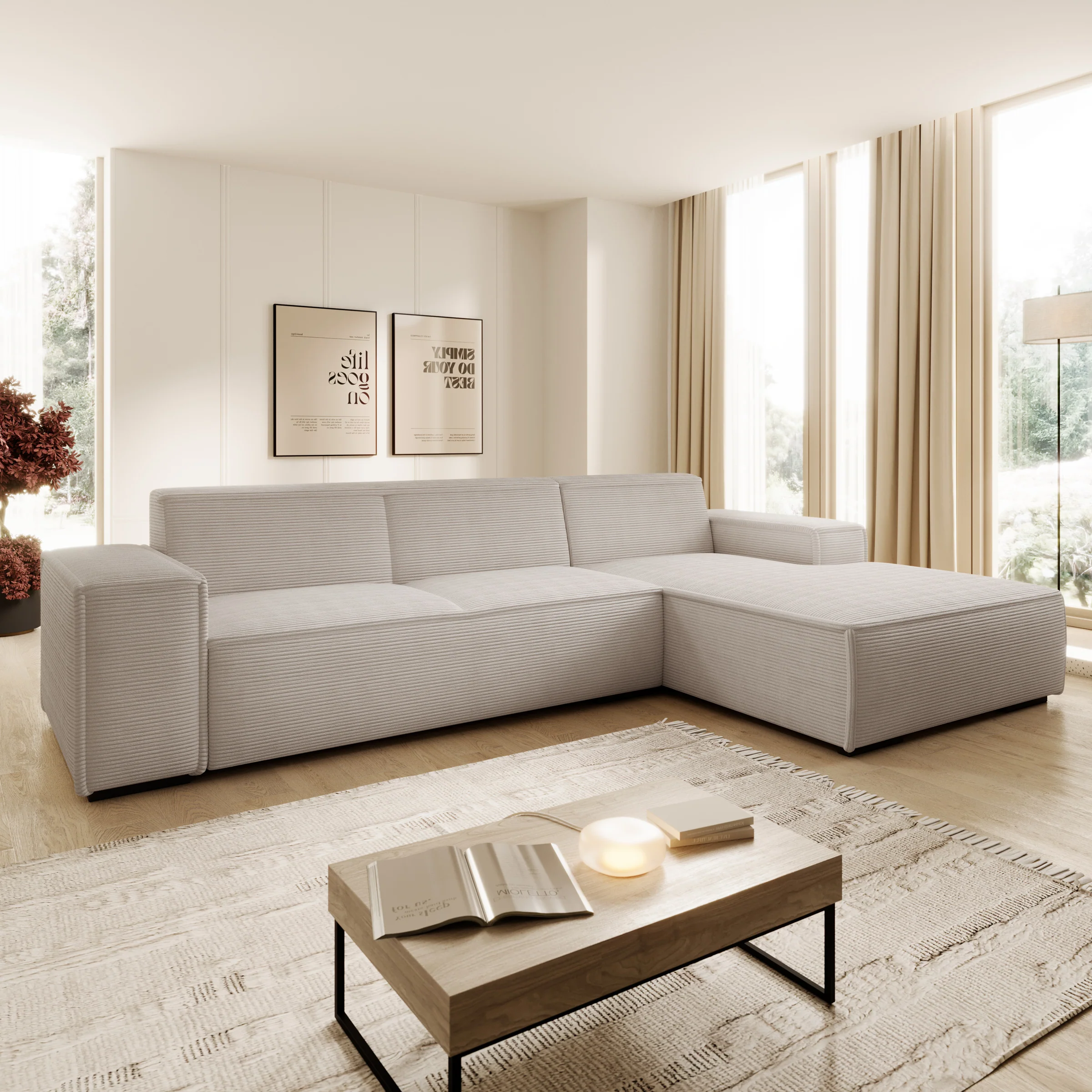 Cardiff - Hoekbank 3-zits met chaise longue - Ribstof beige - Rechts - Image 2