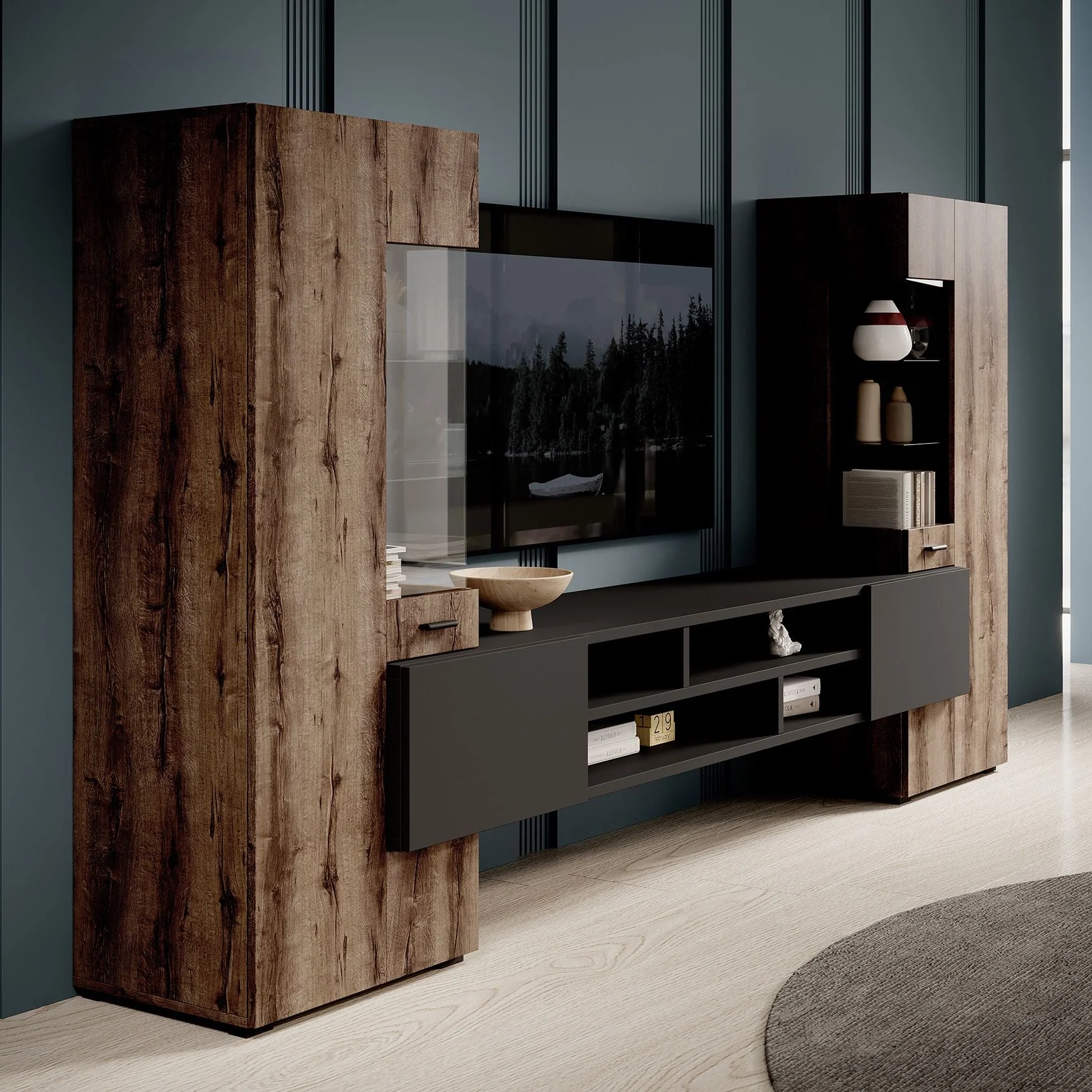 Charo - Wandmeubel - Eiken/zwart - 270x45x143 cm - Image 4