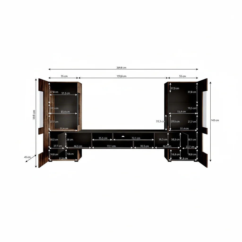 Charo - Wandmeubel - Eiken/zwart - 270x45x143 cm - Image 5