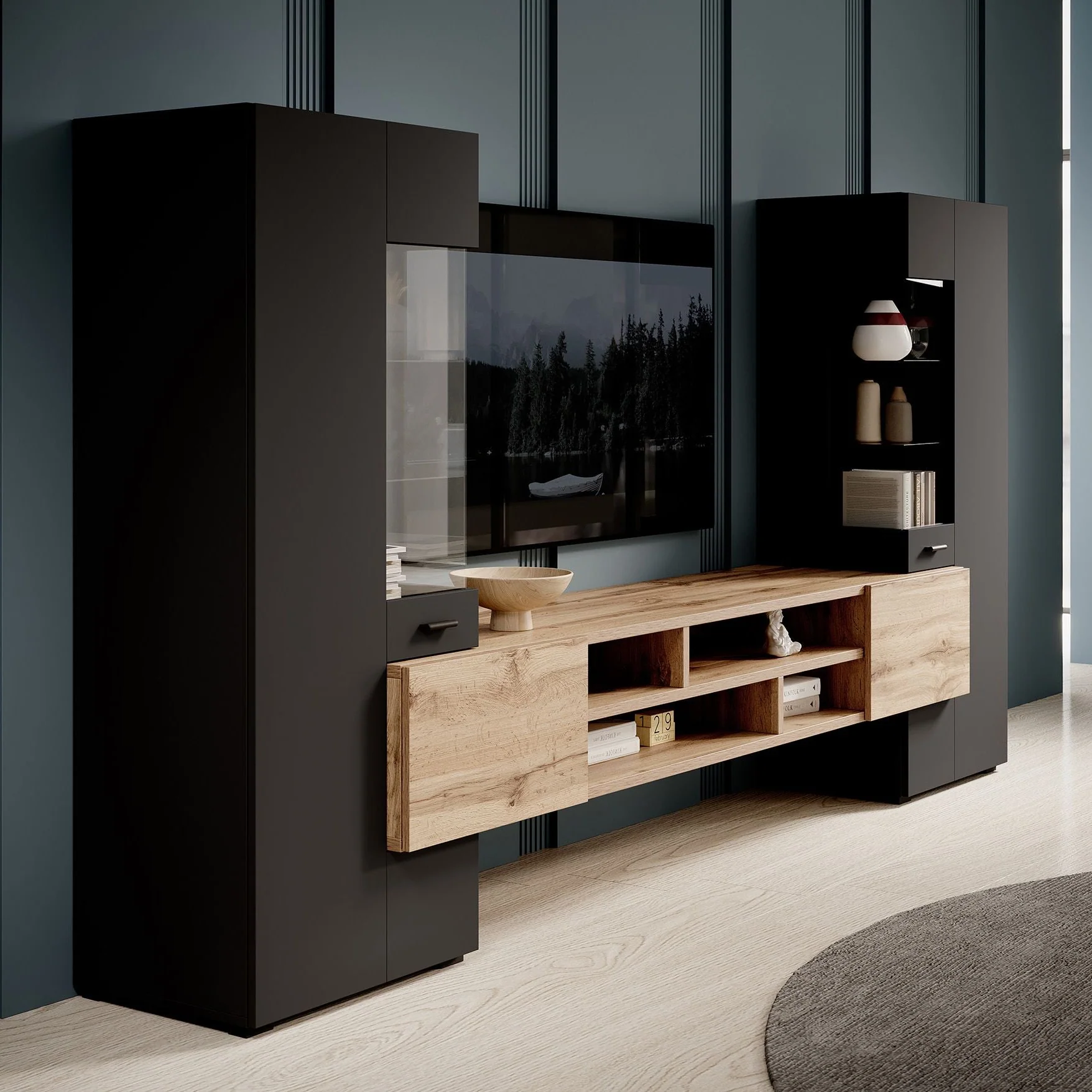 Charo - Wandmeubel - Zwart/eiken - 270x45x143 cm - Image 4
