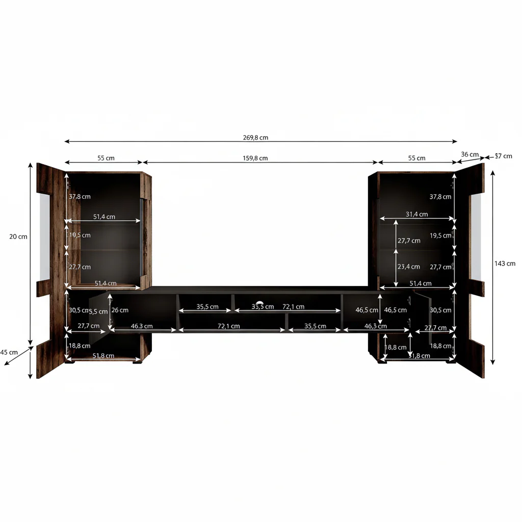 Charo - Wandmeubel - Zwart/eiken - 270x45x143 cm - Image 5