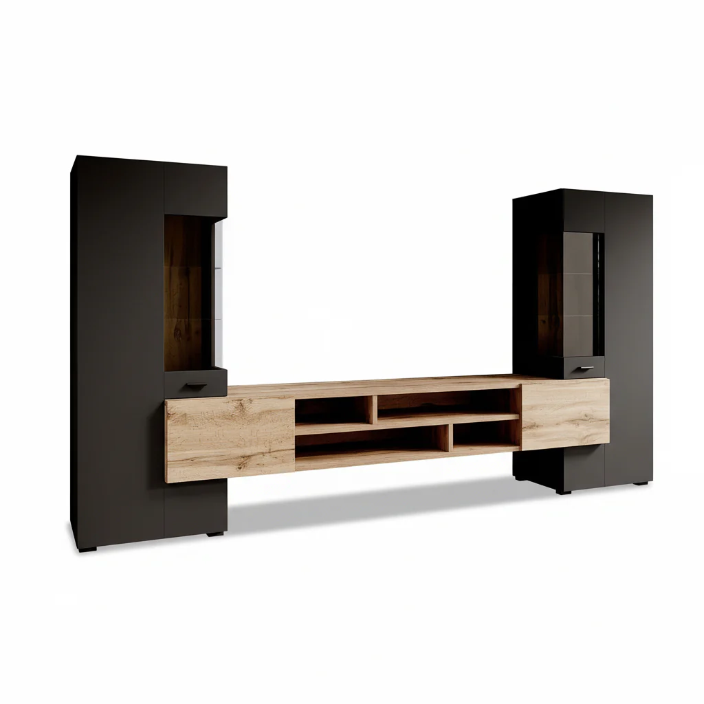 Charo - Wandmeubel - Zwart/eiken - 270x45x143 cm - Image 6
