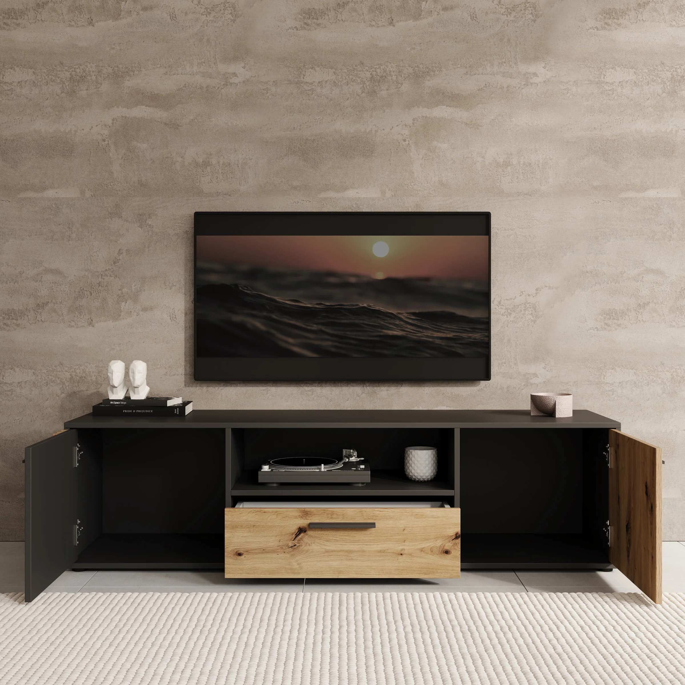 Clover - TV-Meubel - Eiken/Zwart - 163x42x44 cm - Image 2