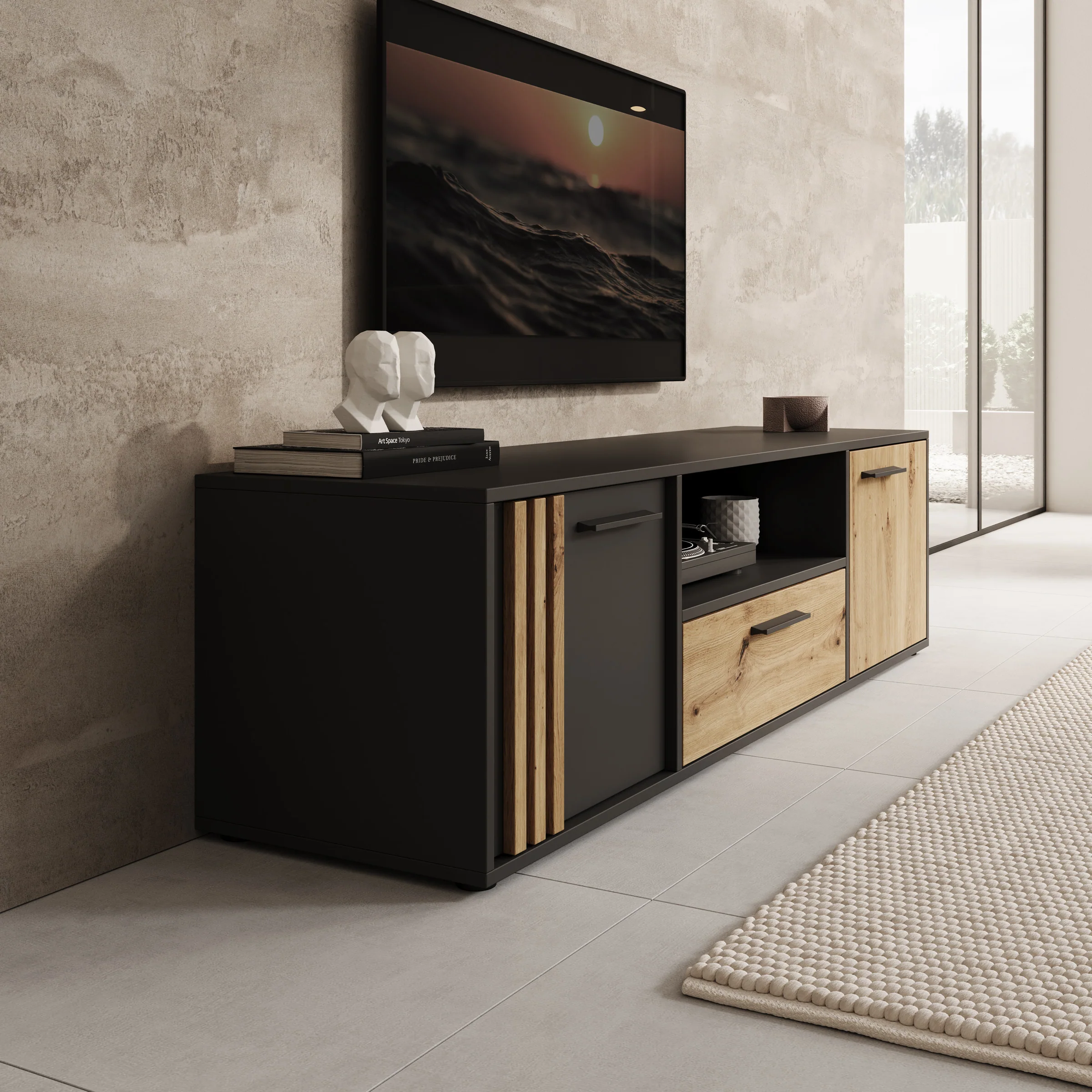 Clover - TV-Meubel - Eiken/Zwart - 163x42x44 cm - Image 4