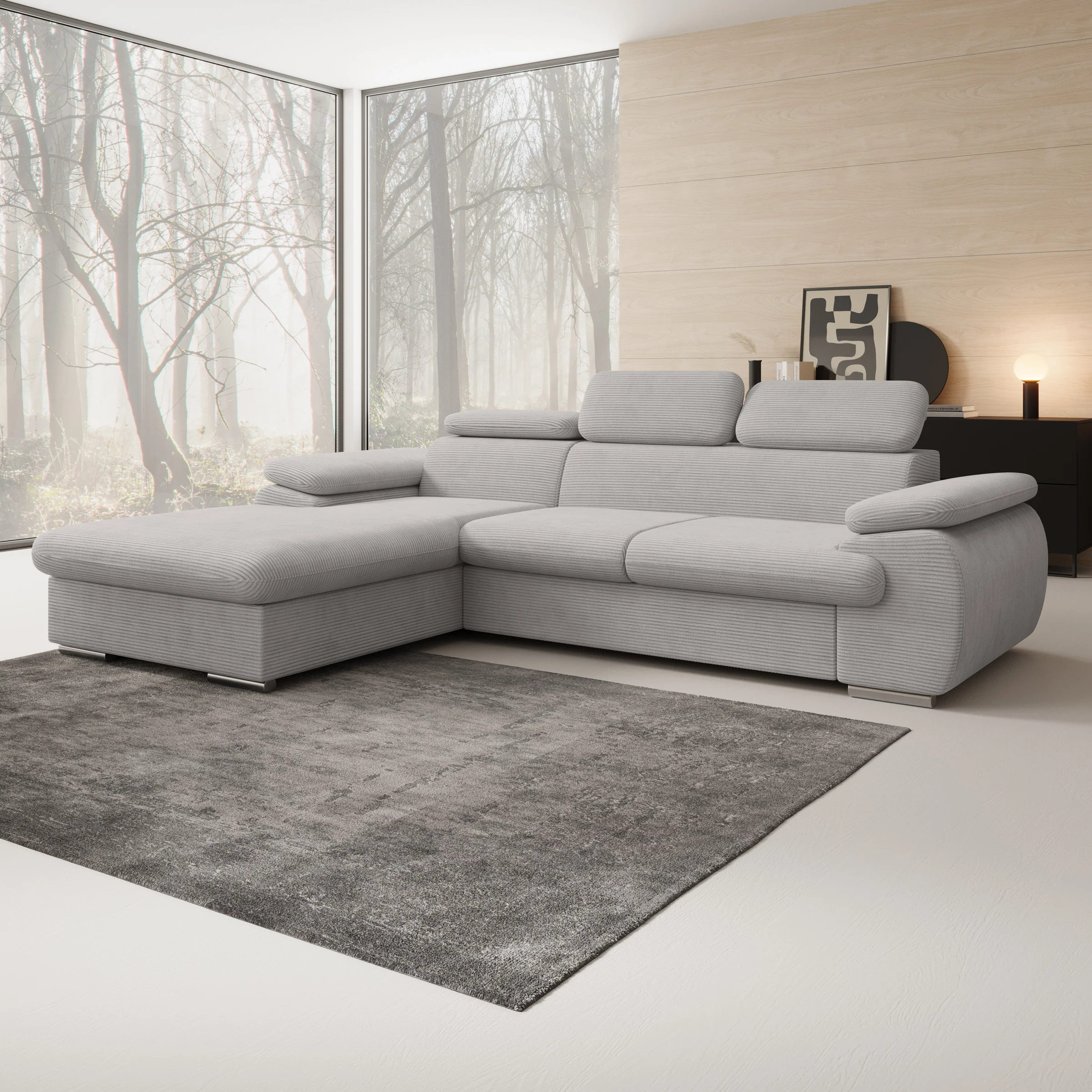 Cordoba - Hoekbank 3-zits met chaise longue - Ribstof grijs - Links