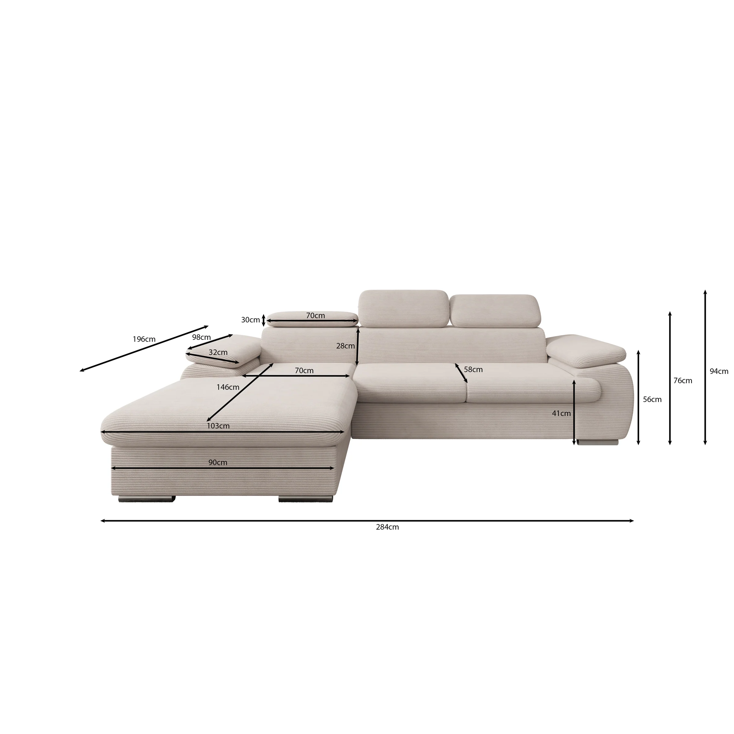 Cordoba - Hoekbank 3-zits met chaise longue - Ribstof grijs - Links - Image 5